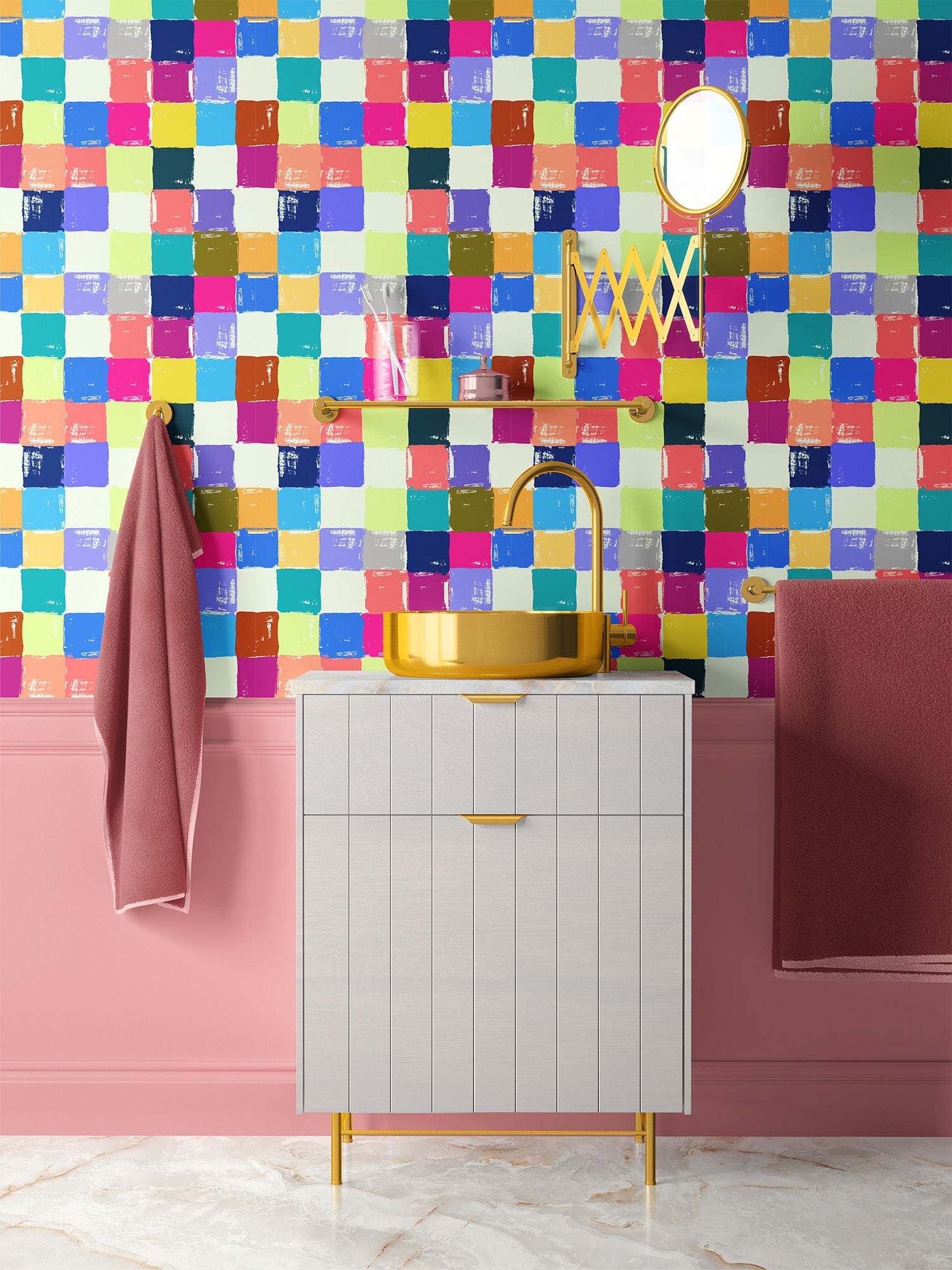 colorful_A colorful geometric patterned wallpaper featuring square tiles in various colors such as orange, pink, purple, teal, and yellow in a bathroom with a sink