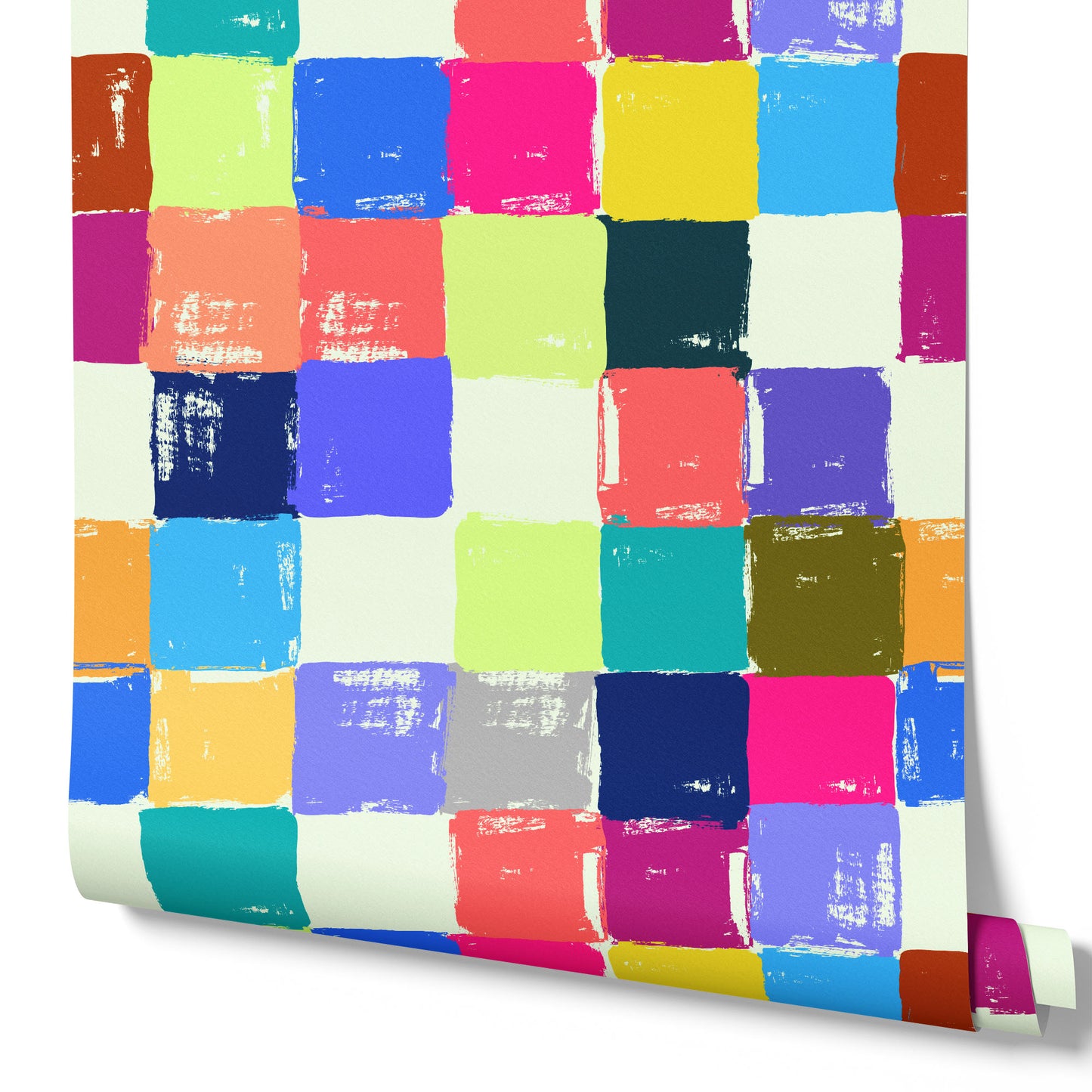 colorful_A colorful geometric patterned wallpaper featuring square tiles in various colors such as orange, pink, purple, teal, and yellow.