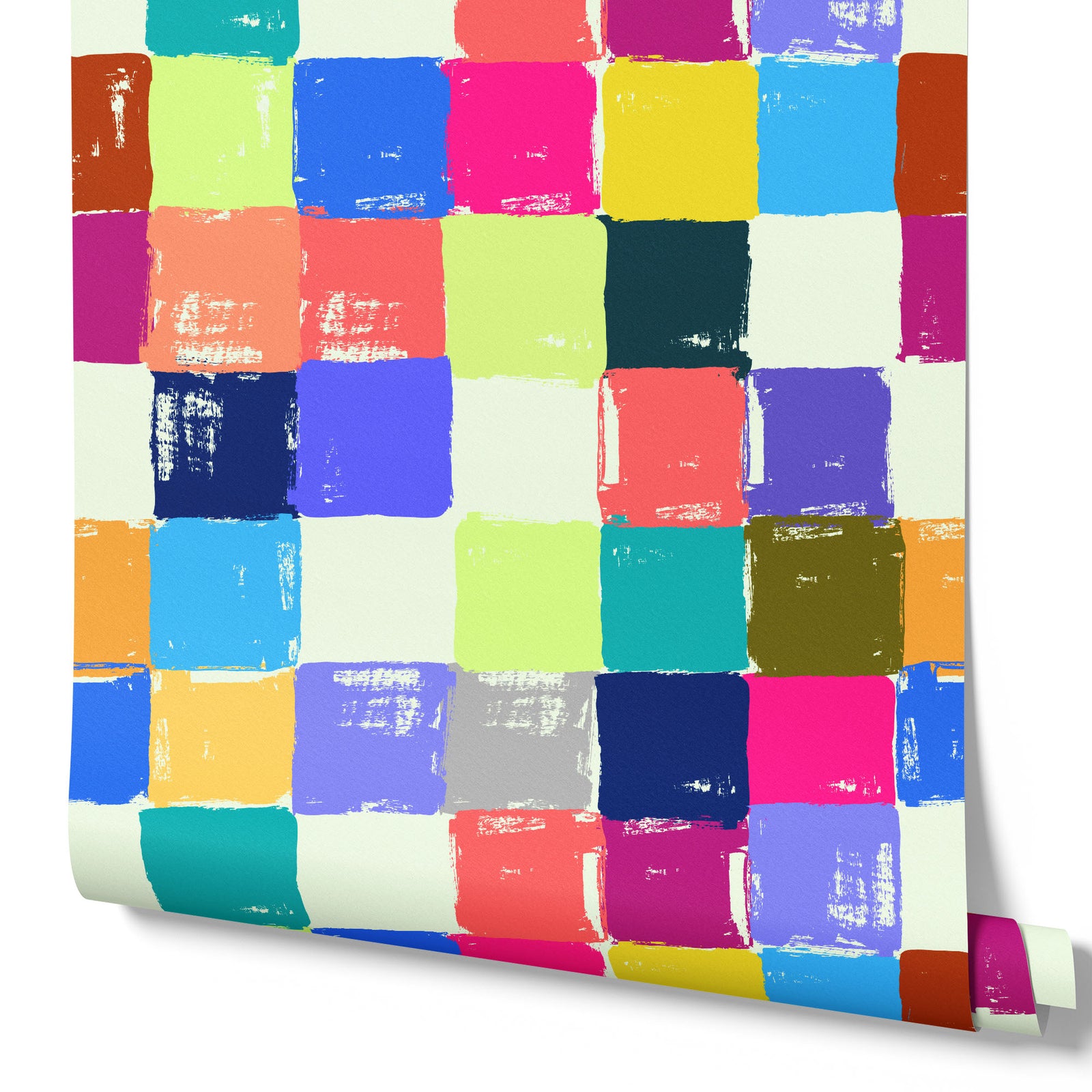 colorful_A colorful geometric patterned wallpaper featuring square tiles in various colors such as orange, pink, purple, teal, and yellow.