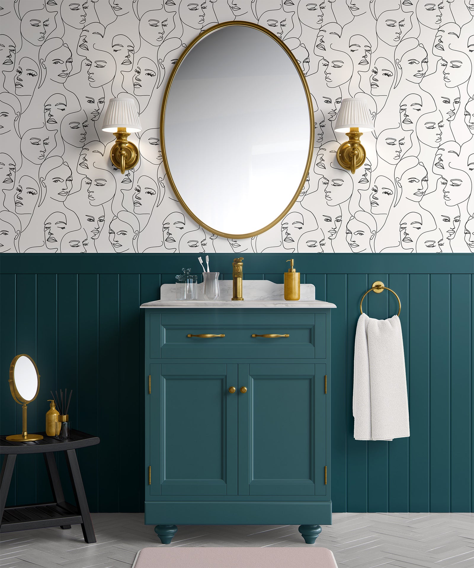 black_A wallpaper featuring abstract face line art in a boho style with black lines and neutral background in a bathroom with teal cabinets and wood panelling