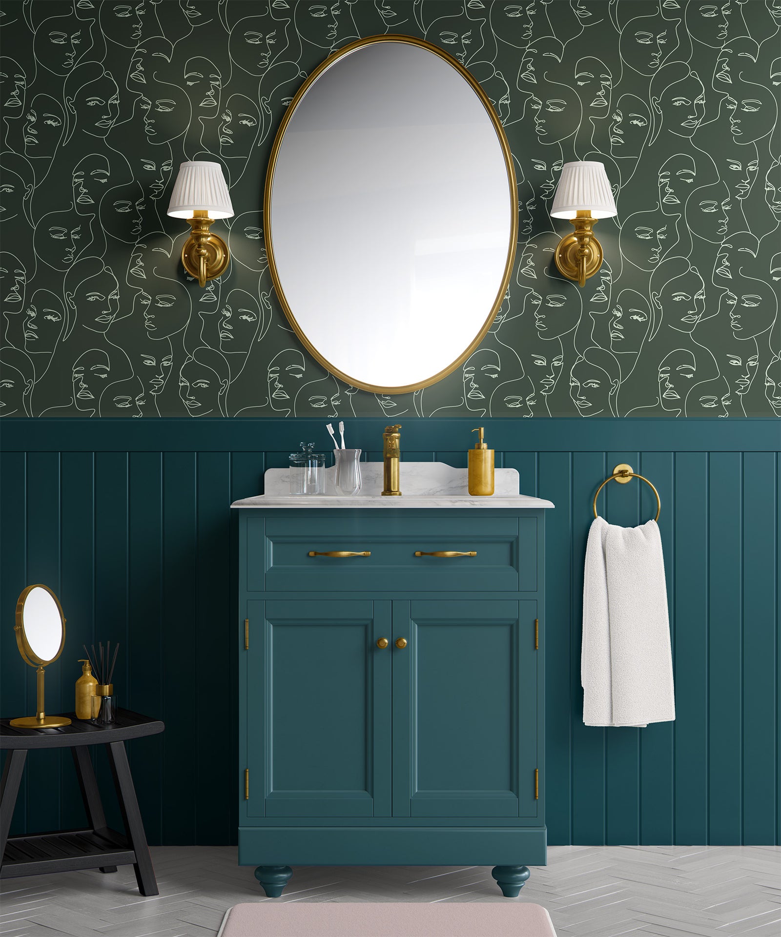 mint_A wallpaper featuring abstract face line art in a boho style with mint lines and green background in a bathroom with teal cabinets and wood pannelling