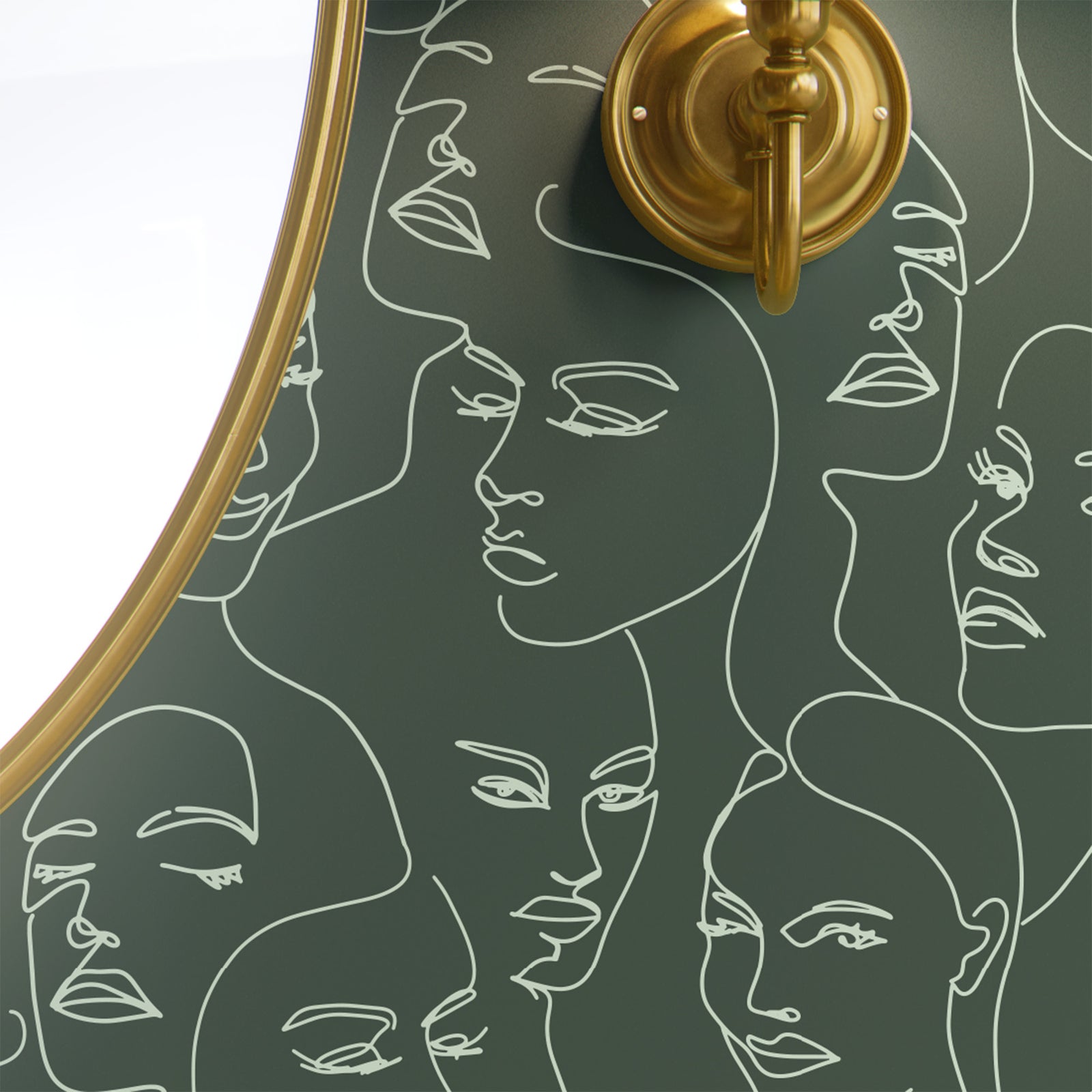 mint_A wallpaper featuring abstract face line art in a boho style with mint lines and green background
