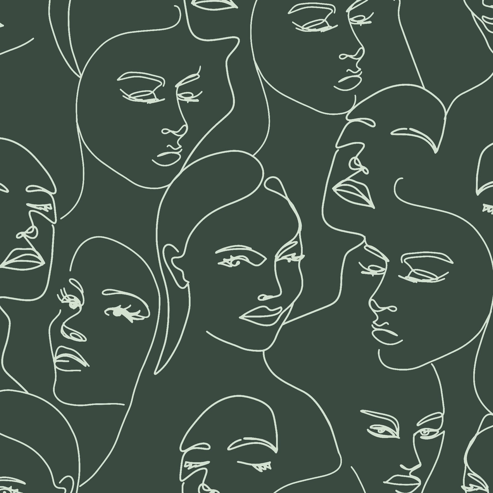 mint_A wallpaper featuring abstract face line art in a boho style with mint lines and green background