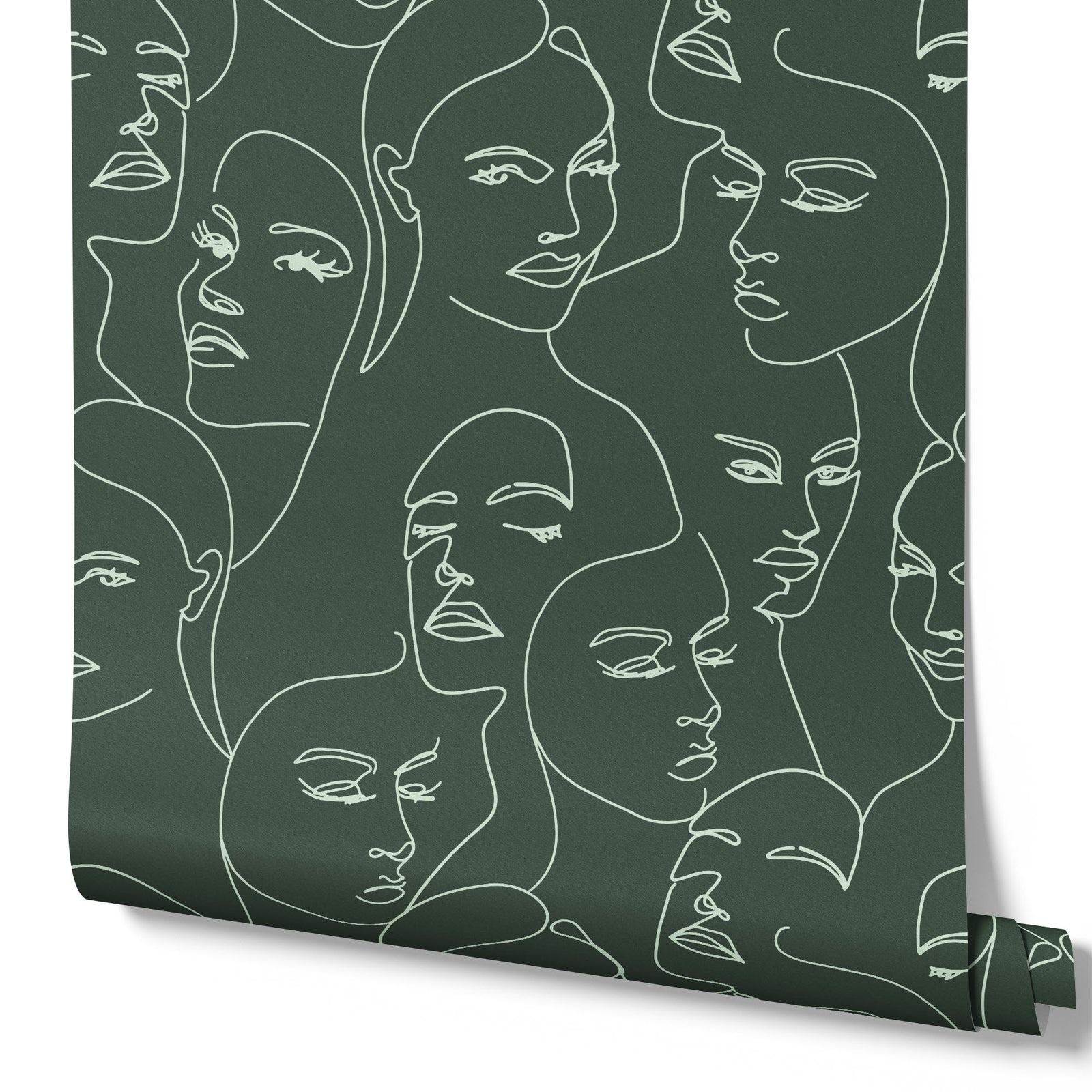 mint_A wallpaper featuring abstract face line art in a boho style with mint lines and green background