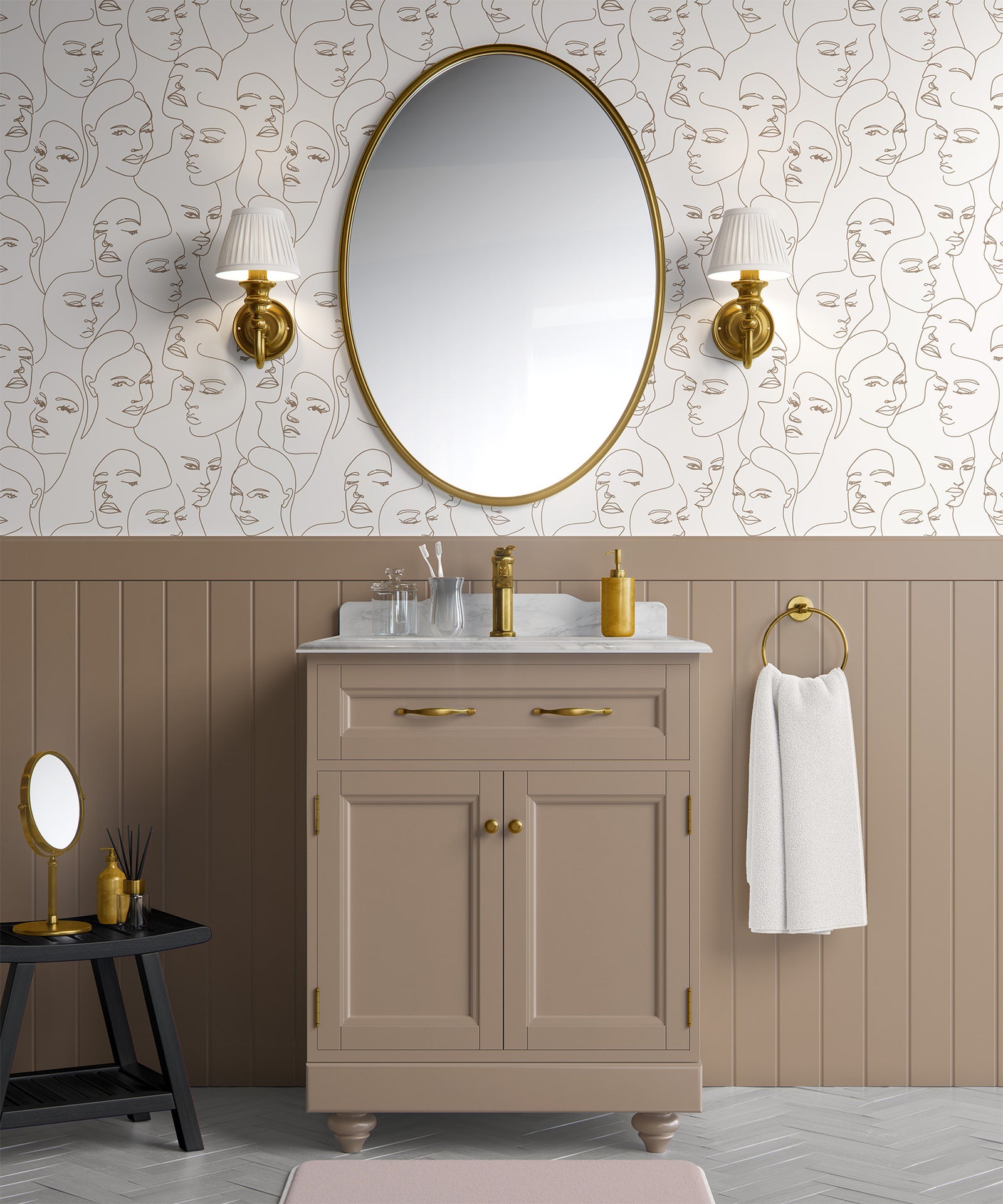 neutral_A wallpaper featuring abstract face line art in a boho style with light brown lines and neutral background in a bathroom with brown cabinets and wood panneling