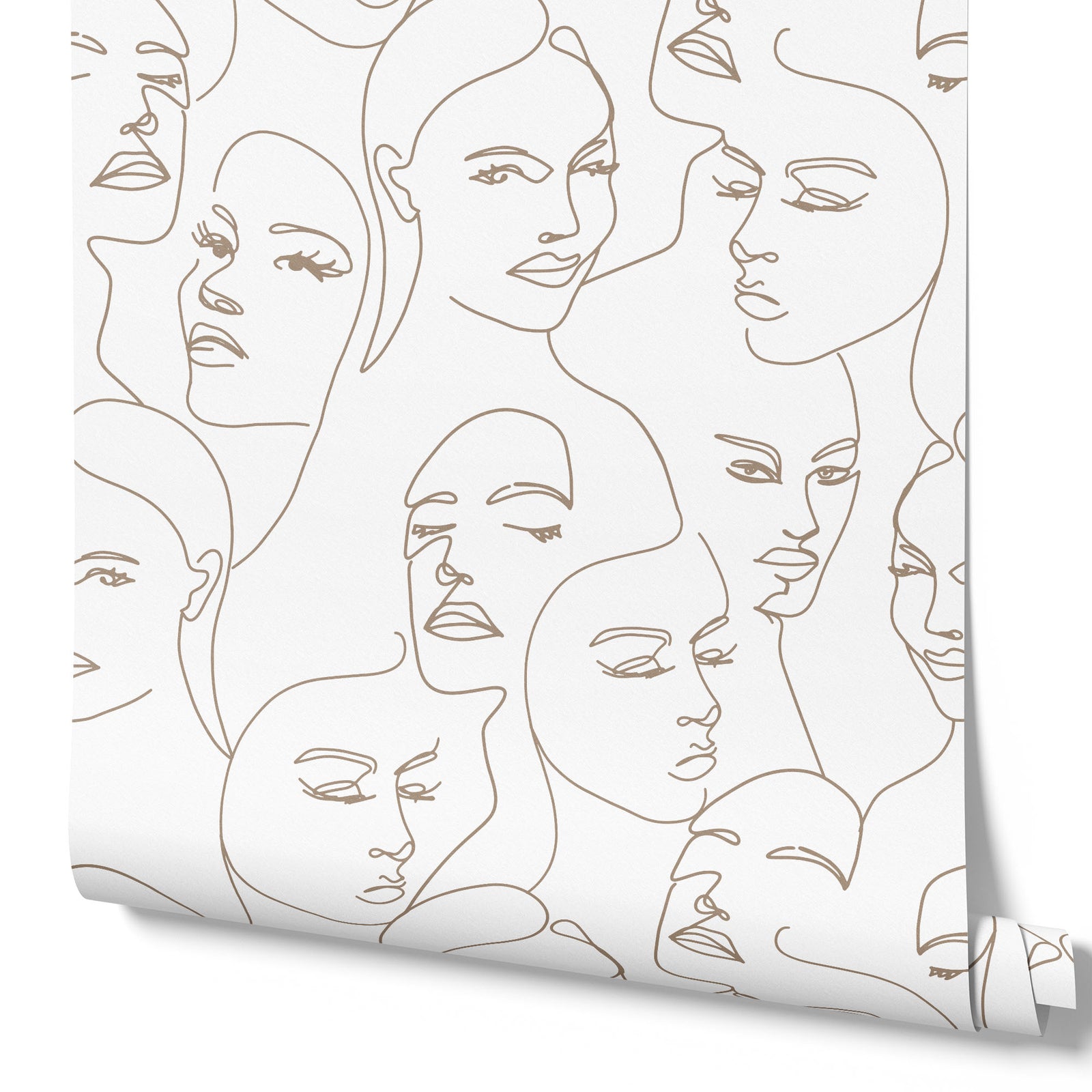 neutral_A wallpaper featuring abstract face line art in a boho style with light brown lines and neutral background