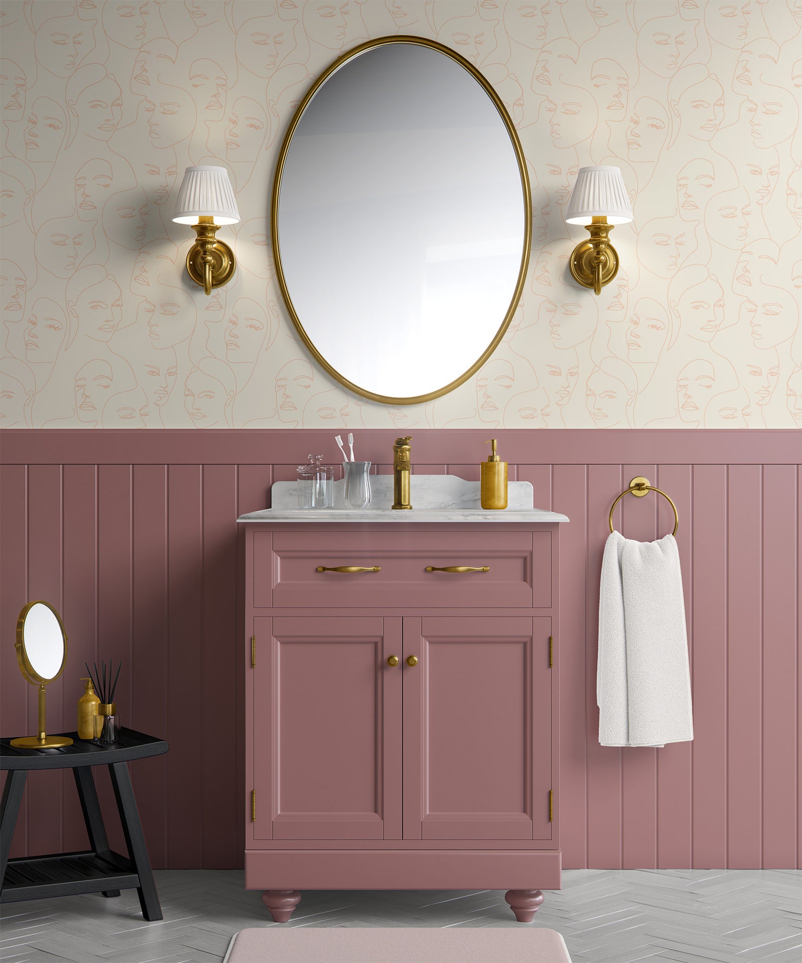 peach_A wallpaper featuring abstract face line art in a boho style with light peach lines and neutral background with mauve cabinets and wood paneling in a bathroom