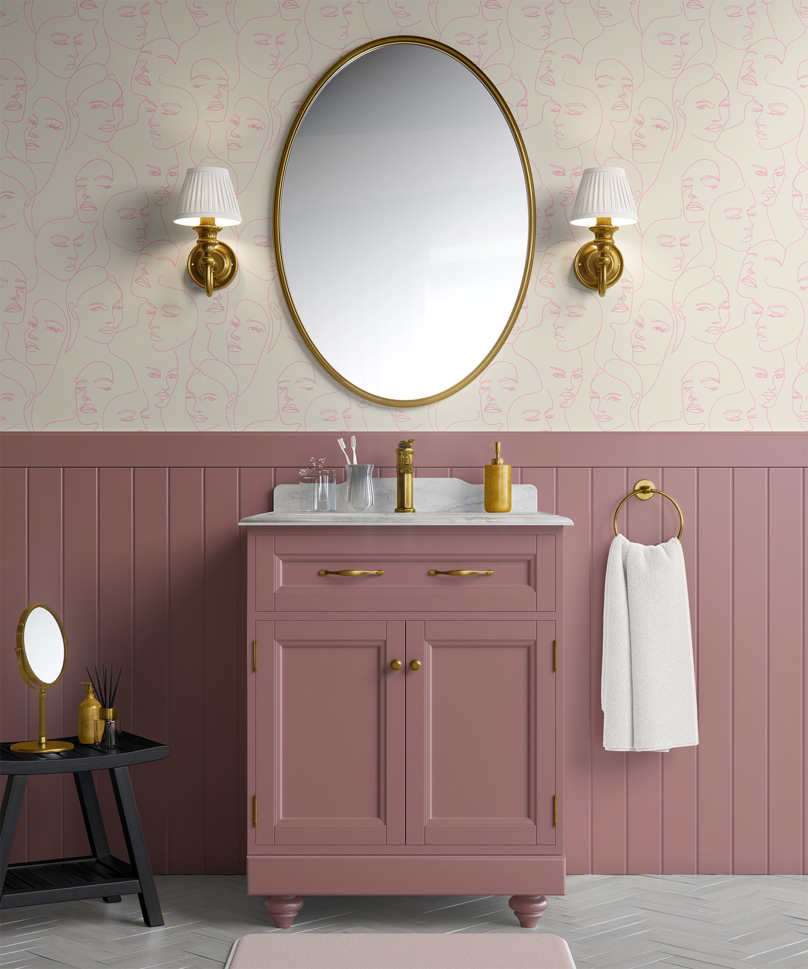 pink_A wallpaper featuring abstract face line art in a boho style with light pink lines and neutral background in a bathroom with mauve cabinets and wood panelling