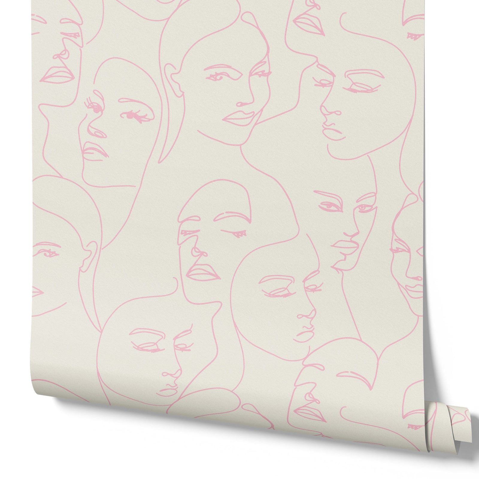 pink_A wallpaper featuring abstract face line art in a boho style with light pink lines and neutral background