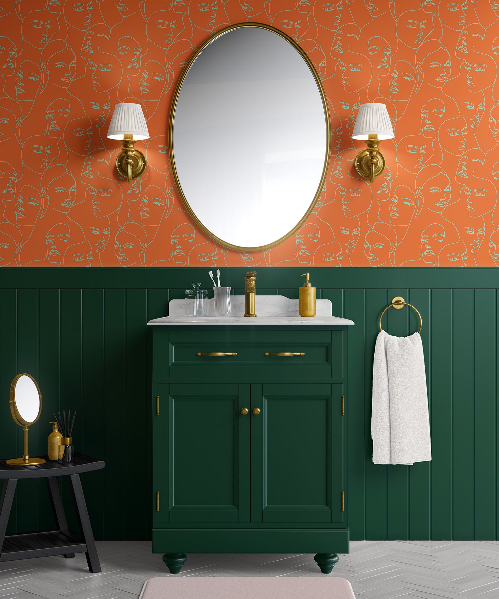 teal_A wallpaper featuring abstract face line art in a boho style with teal lines and orange background in a bathroom with green cabinets and wood panelling