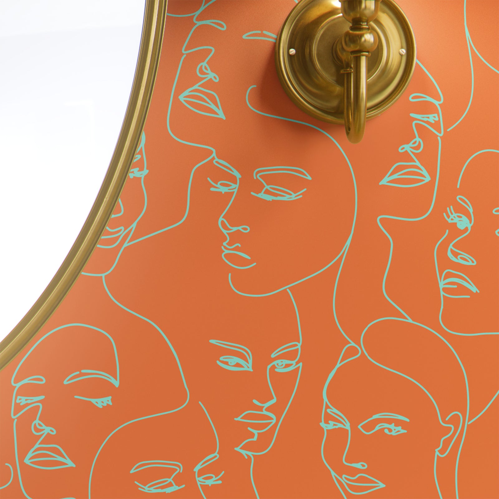 teal_A wallpaper featuring abstract face line art in a boho style with teal lines and orange background