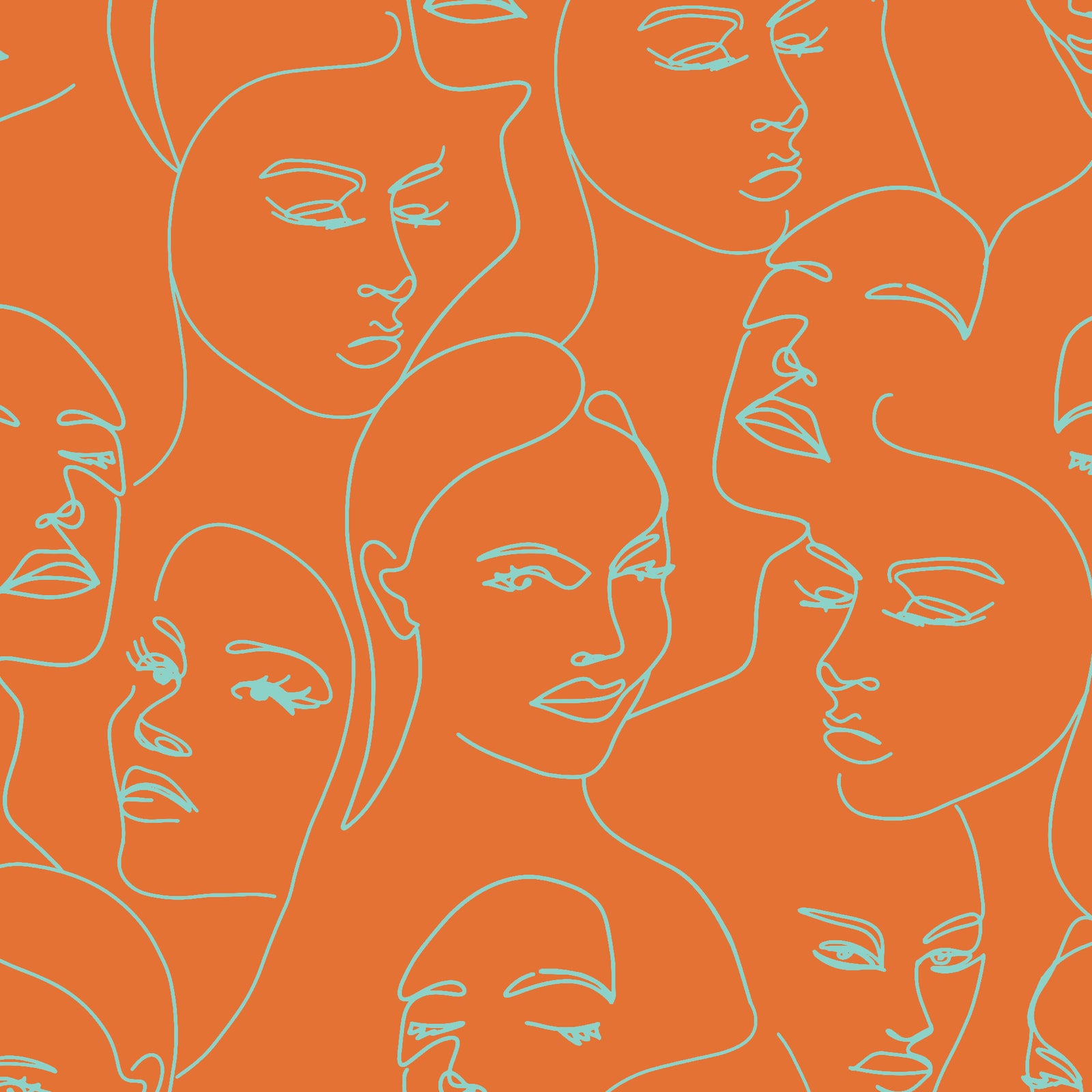 teal_A wallpaper featuring abstract face line art in a boho style with teal lines and orange background