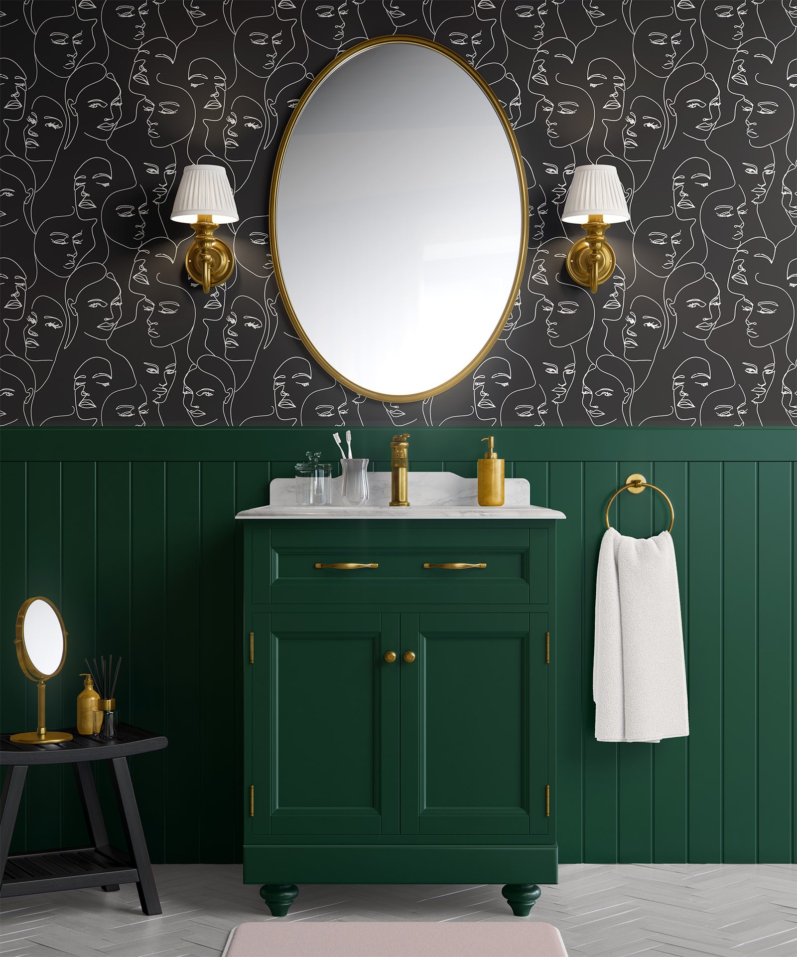 white_A wallpaper featuring abstract face line art in a boho style with white lines and black background in a bathroom with green cabinets and wood panelling