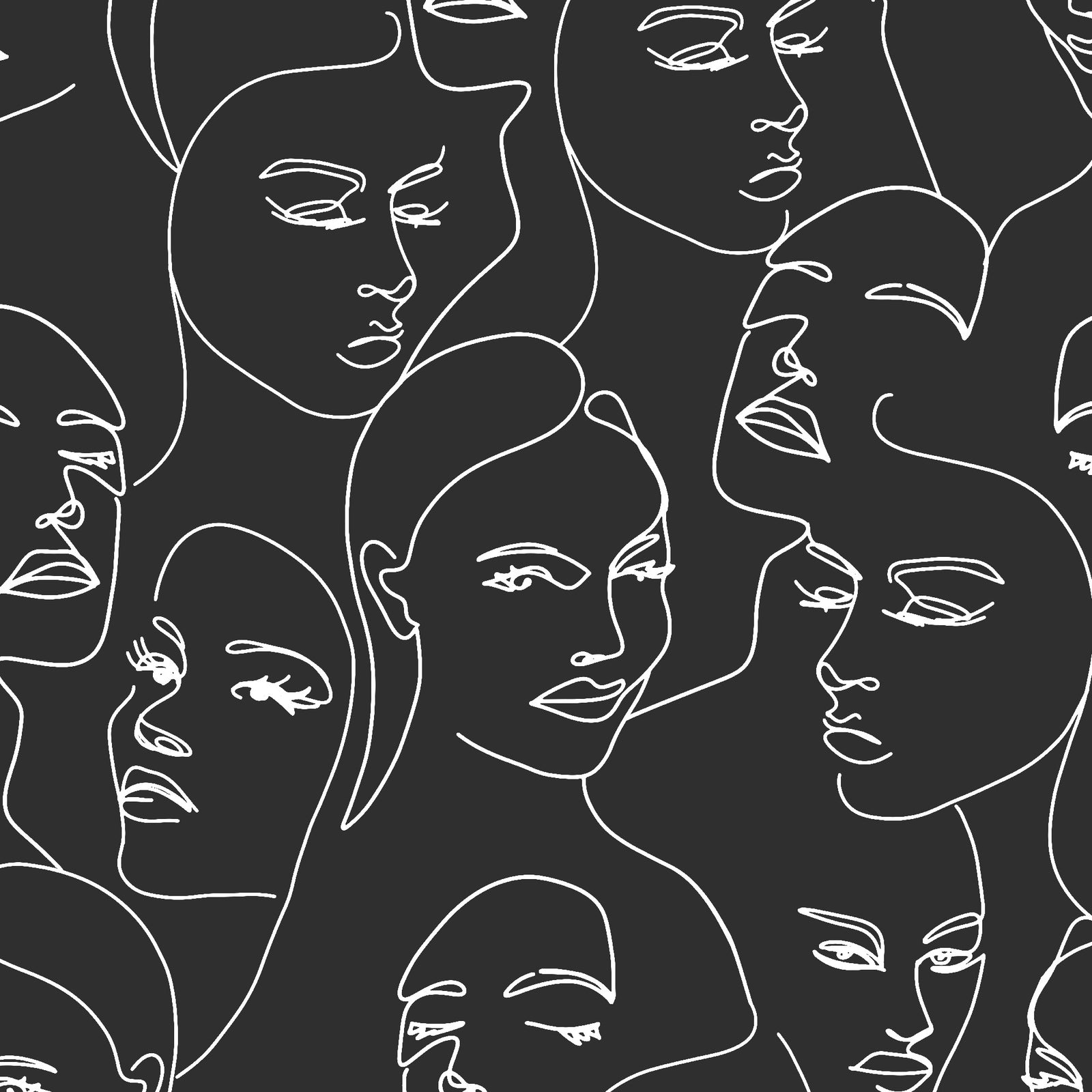 white_A wallpaper featuring abstract face line art in a boho style with white lines and black background