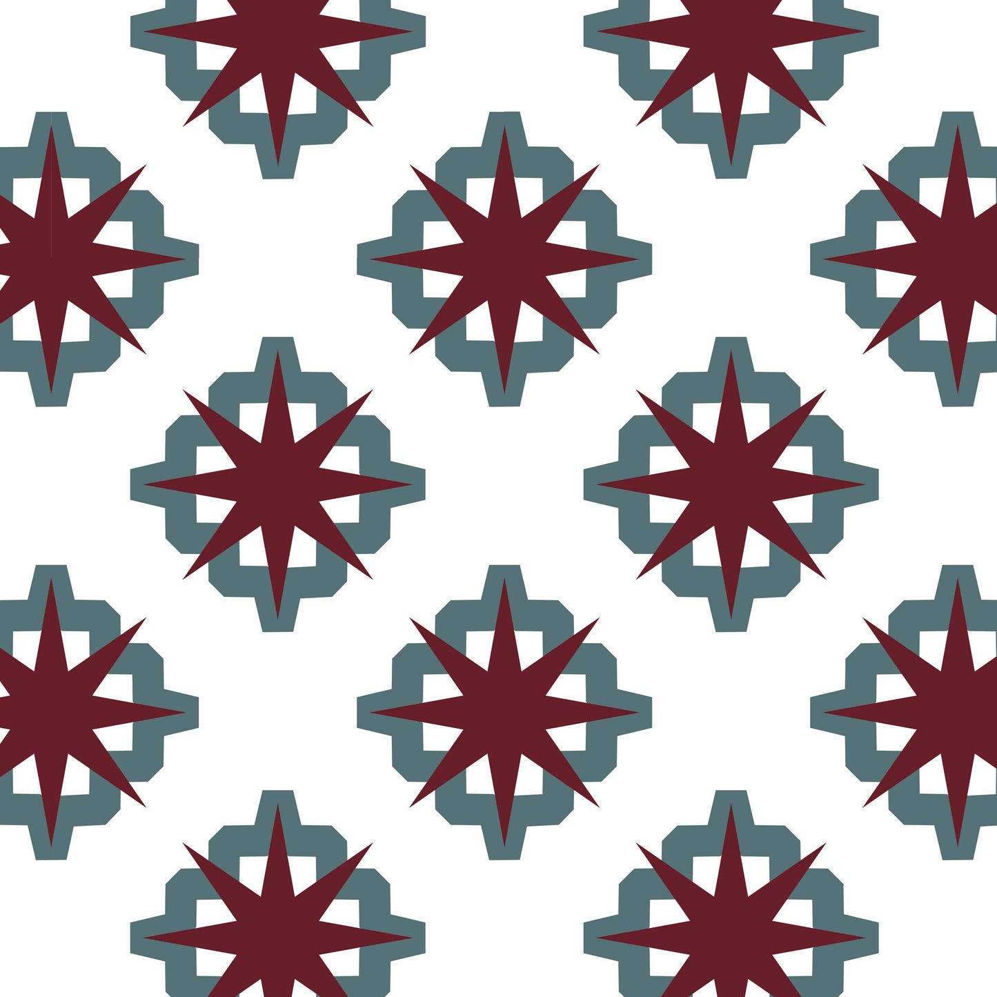 white_A roll of wallpaper with a geometric pattern featuring red and teal-colored shapes on a white background.