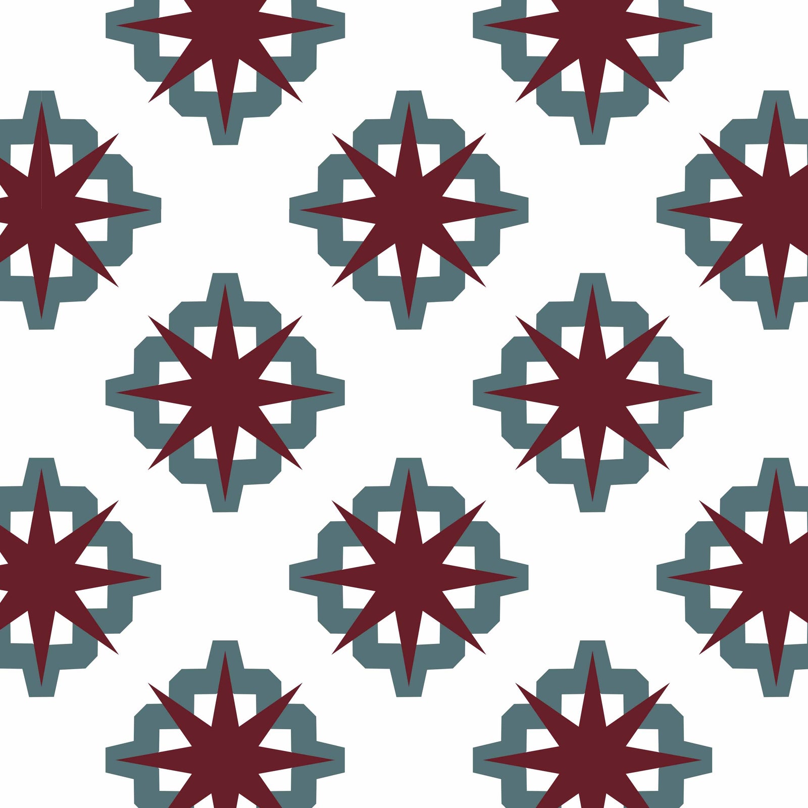 white_A roll of wallpaper with a geometric pattern featuring red and teal-colored shapes on a white background.