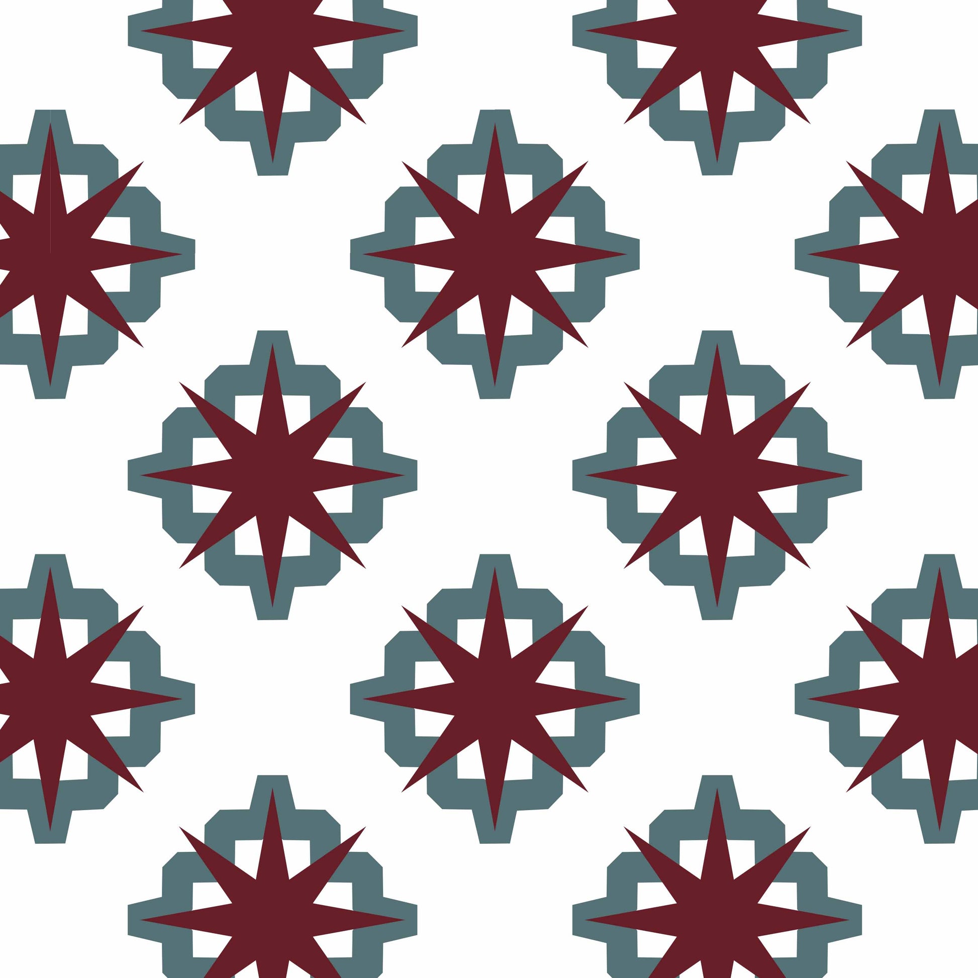 white_A roll of wallpaper with a geometric pattern featuring red and teal-colored shapes on a white background.