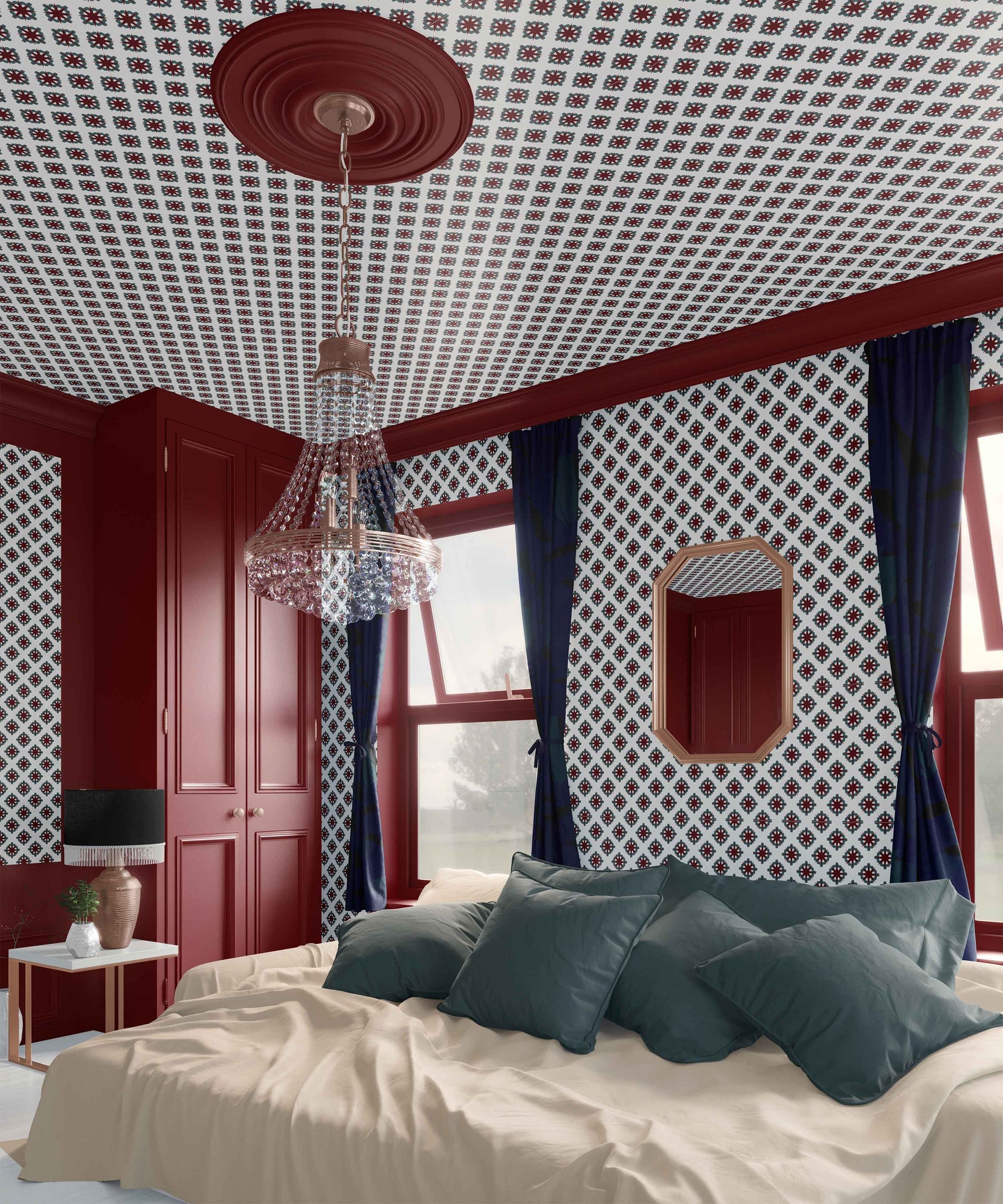 white_A roll of wallpaper with a geometric pattern featuring red and teal-colored shapes on a white background