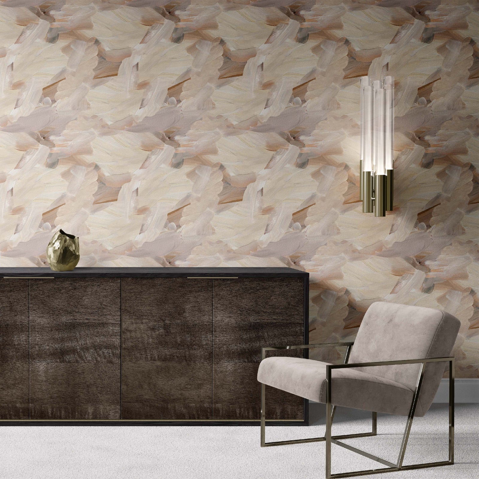 neutral_wallpaper with a beige and white abstract brushstroke pattern in a sitting area with a beige chair
