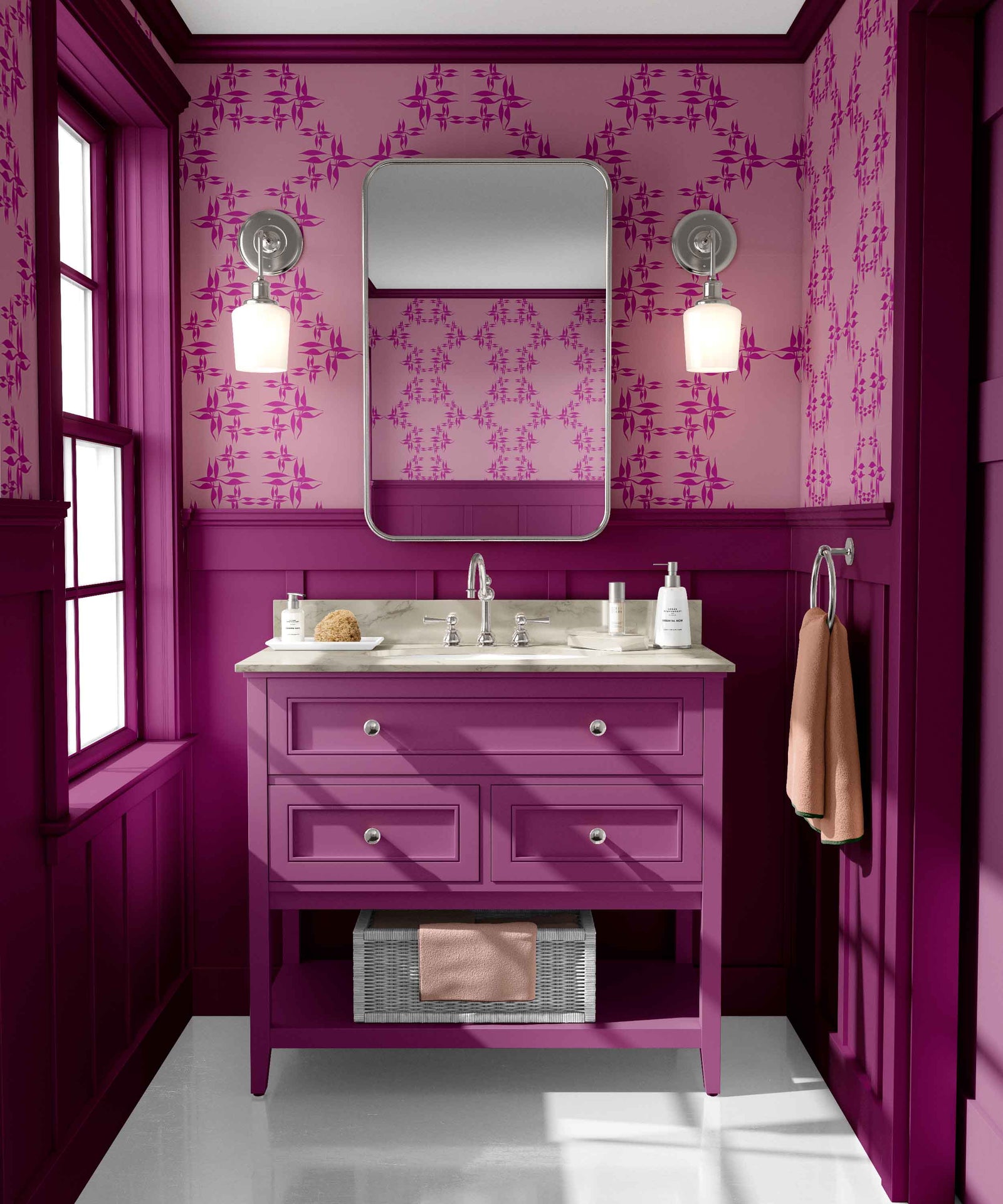 hot-pink_wallpaper showing a repeated pattern of pink floral designs on a pink background in a bathroom