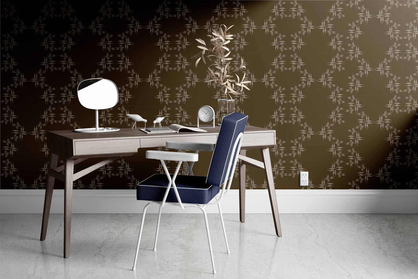 brown-tan_wallpaper showing a repeated pattern of tan floral designs on a brown background