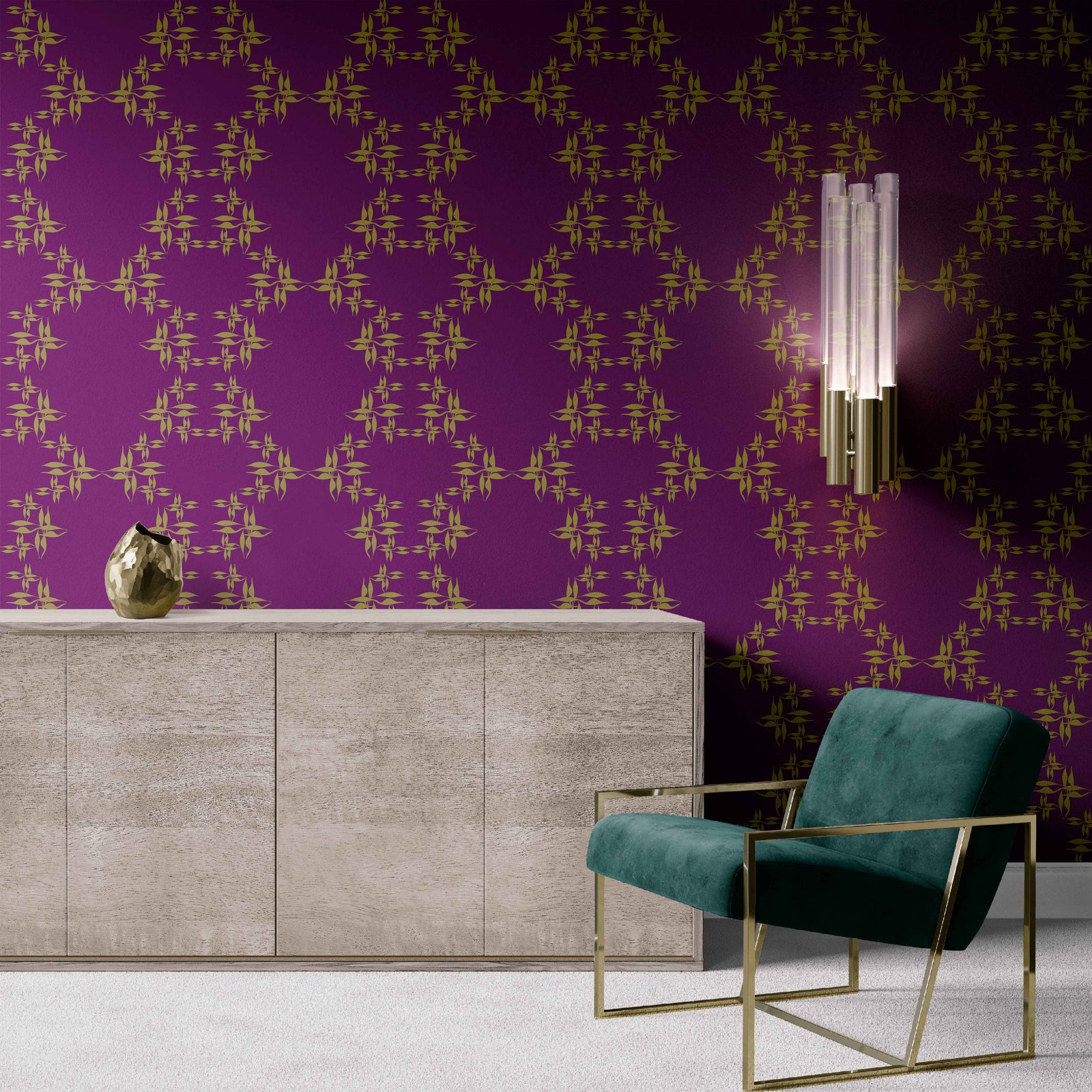 violet-chartreuse_wallpaper chartreuse floral pattern on a violet background in a living room
