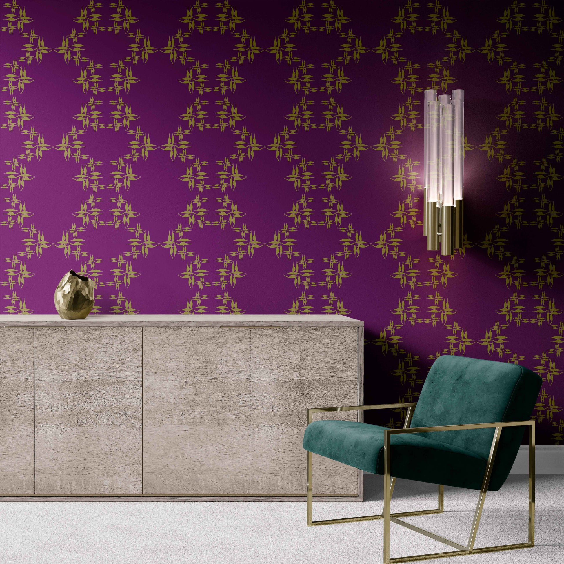 violet-chartreuse_wallpaper chartreuse floral pattern on a violet background in a living room