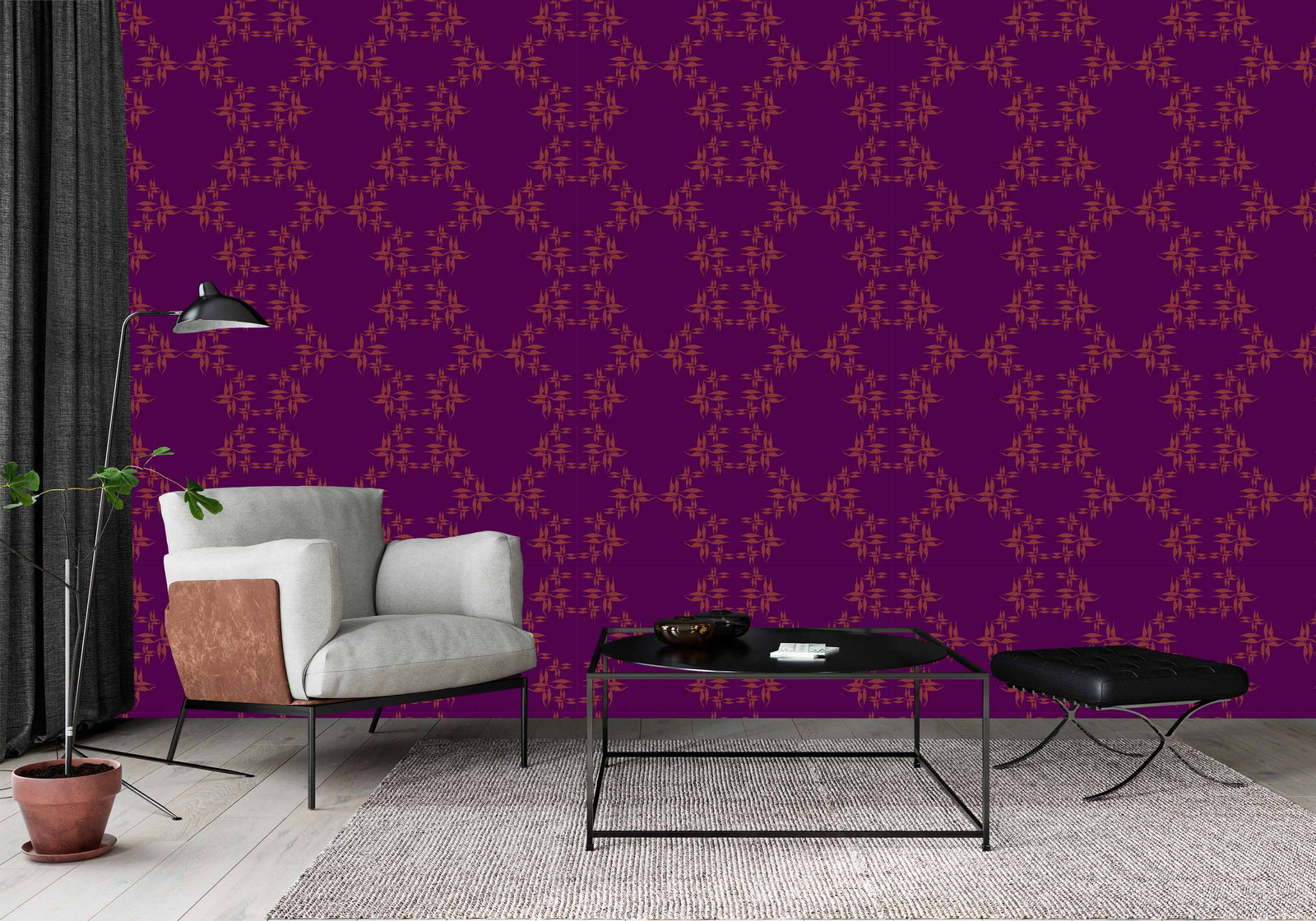 violet-orange_wallpaper orange floral pattern on a violet background in a living room