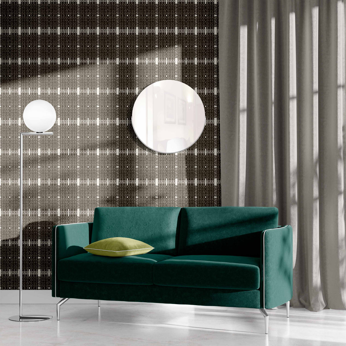alabaster-brown_Subtle textured pattern featuring a brown and tan with a woven, linen-like effect and faint linear accents, creating a quiet, tonal design with a refined, organic feel in a room with a teal couch.