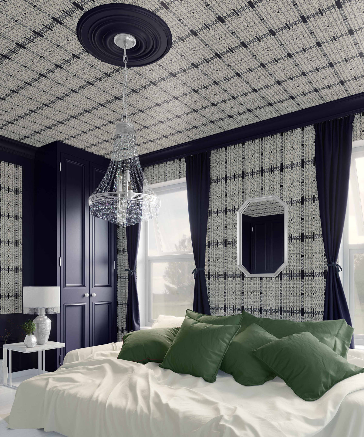 alabaster-navy_Subtle textured pattern featuring a navy and off white with a woven, linen-like effect and faint linear accents, creating a quiet, tonal design with a refined, organic feel in a bedroom with a white bed.