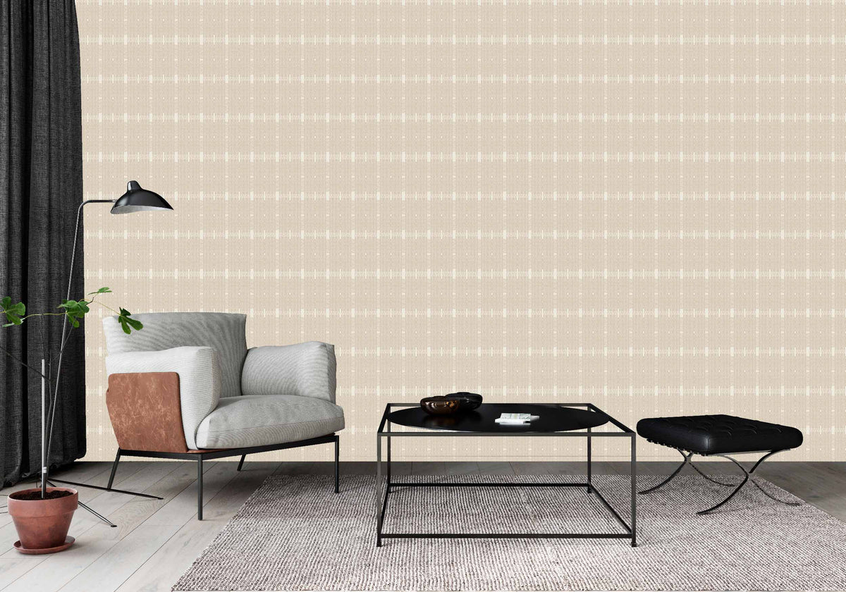 neutral_Subtle textured pattern featuring a soft beige ground with a woven, linen-like effect and faint linear accents, creating a quiet, tonal design with a refined, organic feel in a room with a white chair.