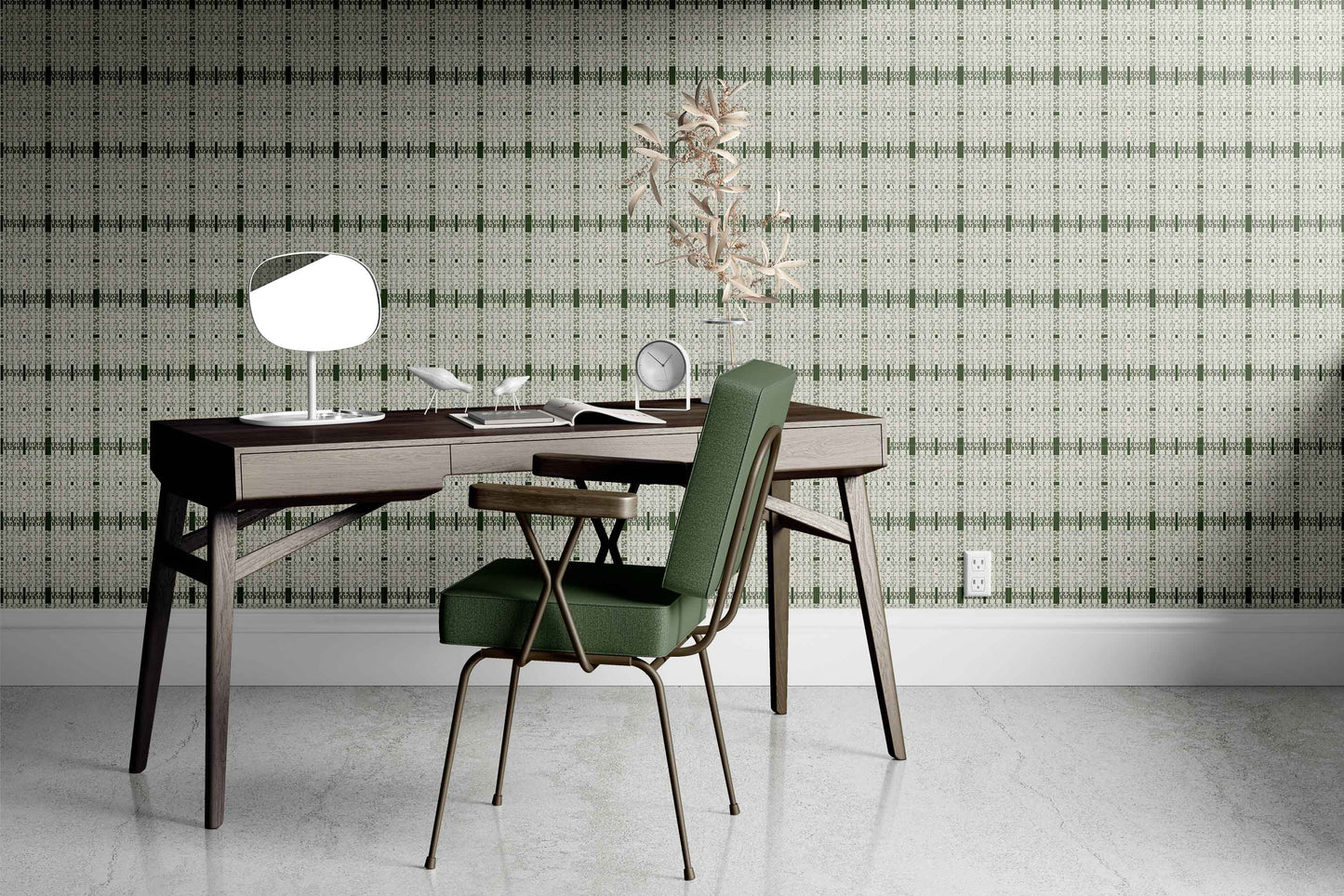 alabaster-army-green_Subtle textured pattern featuring an army green and tan with a woven, linen-like effect and faint linear accents, creating a quiet, tonal design with a refined, organic feel in a room with a desk.