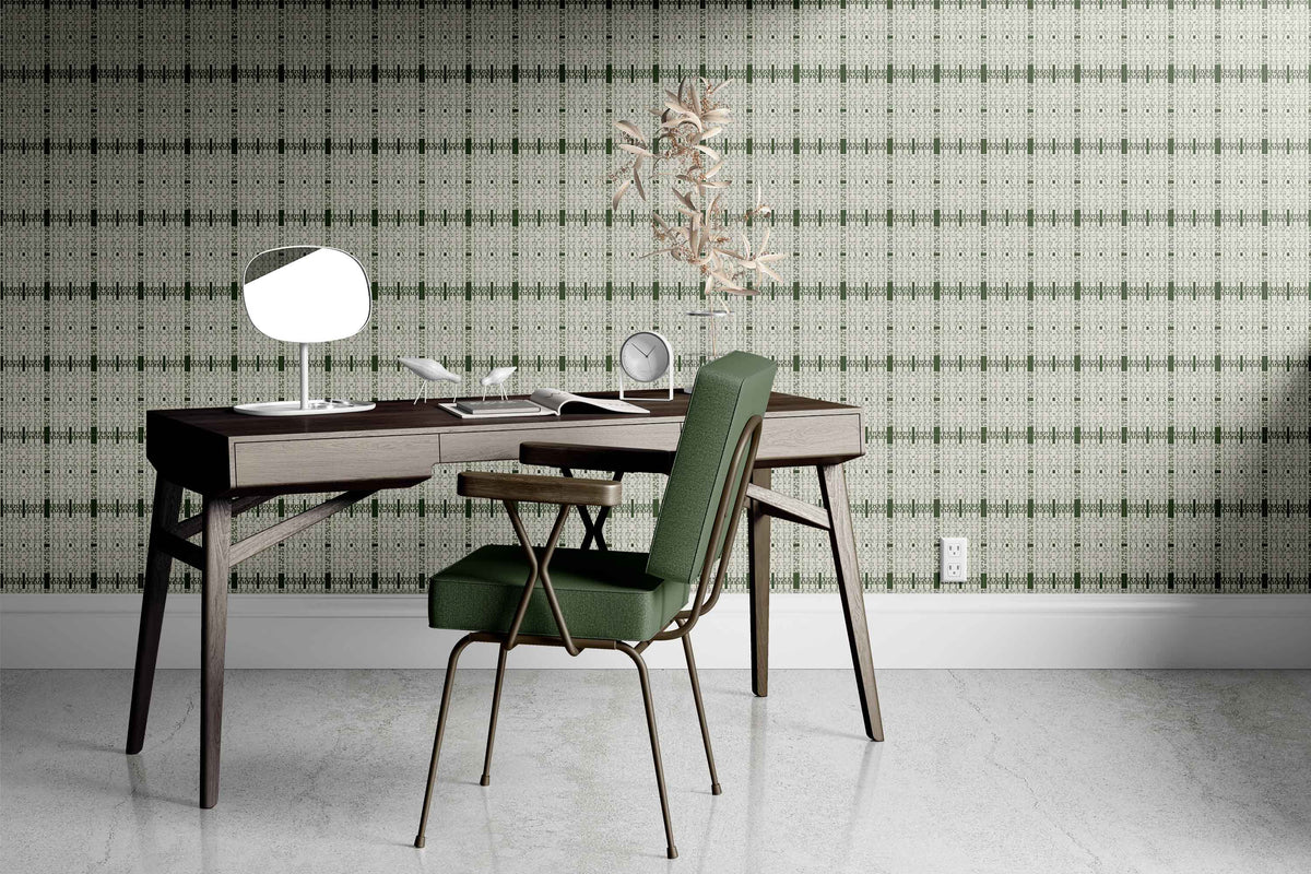 alabaster-army-green_Subtle textured pattern featuring an army green and tan with a woven, linen-like effect and faint linear accents, creating a quiet, tonal design with a refined, organic feel in a room with a desk.