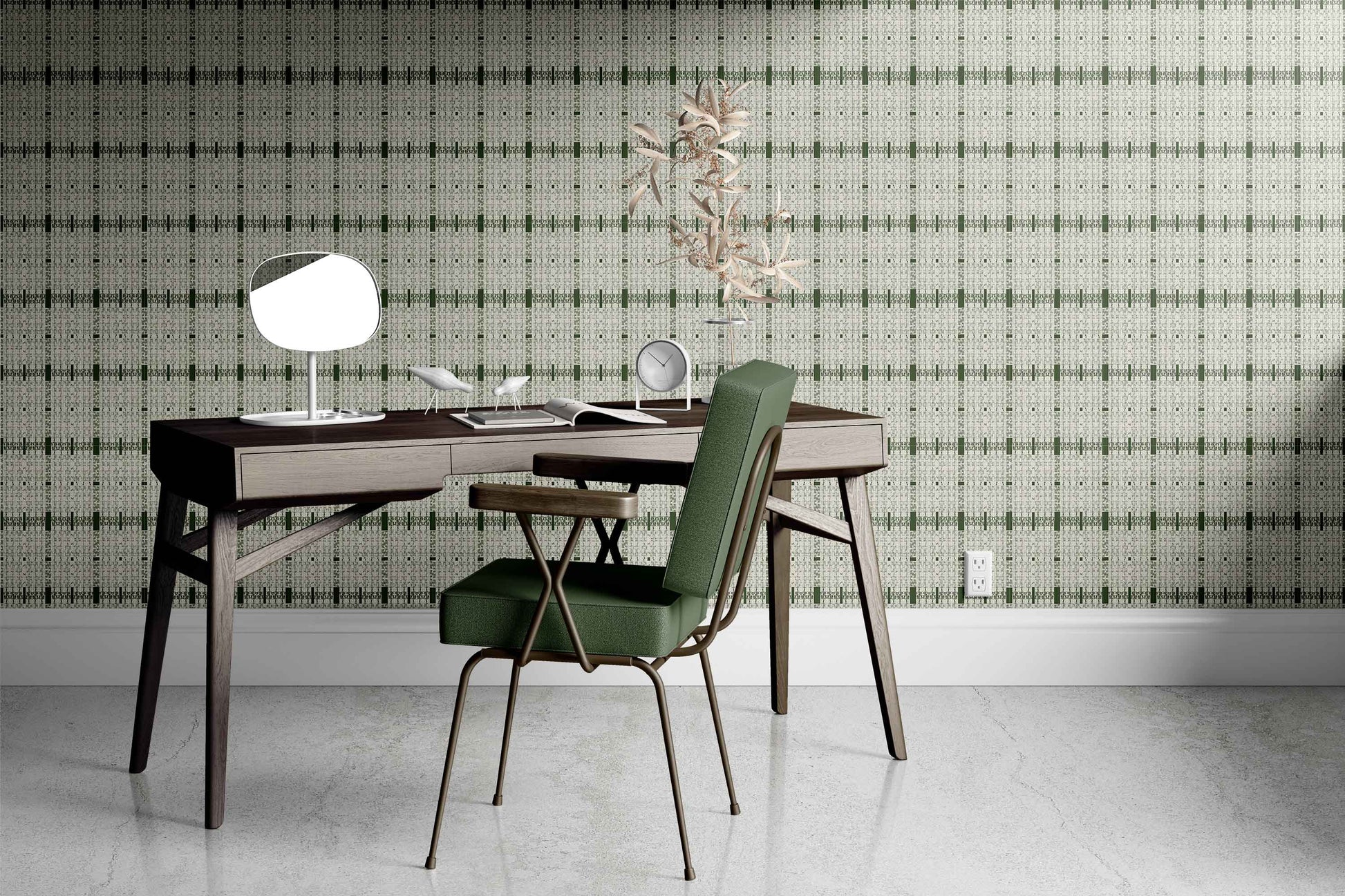 alabaster-army-green_Subtle textured pattern featuring an army green and tan with a woven, linen-like effect and faint linear accents, creating a quiet, tonal design with a refined, organic feel in a room with a desk.