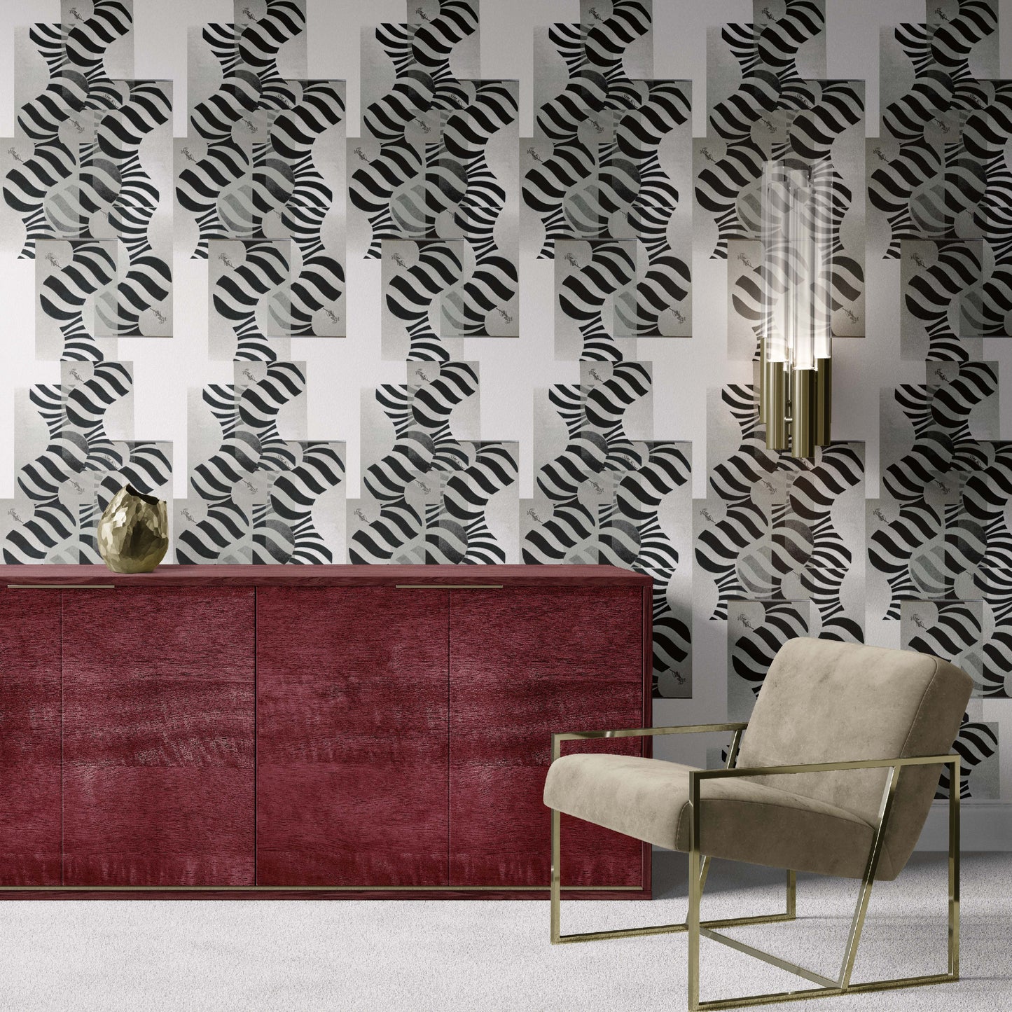 white-black_Abstract geometric pattern featuring layered circles and wavy stripe motifs in black and grey tones, arranged in a grid-like composition with a modern, airy feel on a light background in a room with a tan chair.