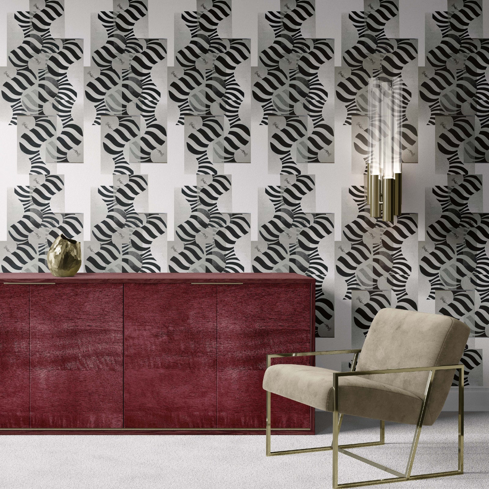 white-black_Abstract geometric pattern featuring layered circles and wavy stripe motifs in black and grey tones, arranged in a grid-like composition with a modern, airy feel on a light background in a room with a tan chair.
