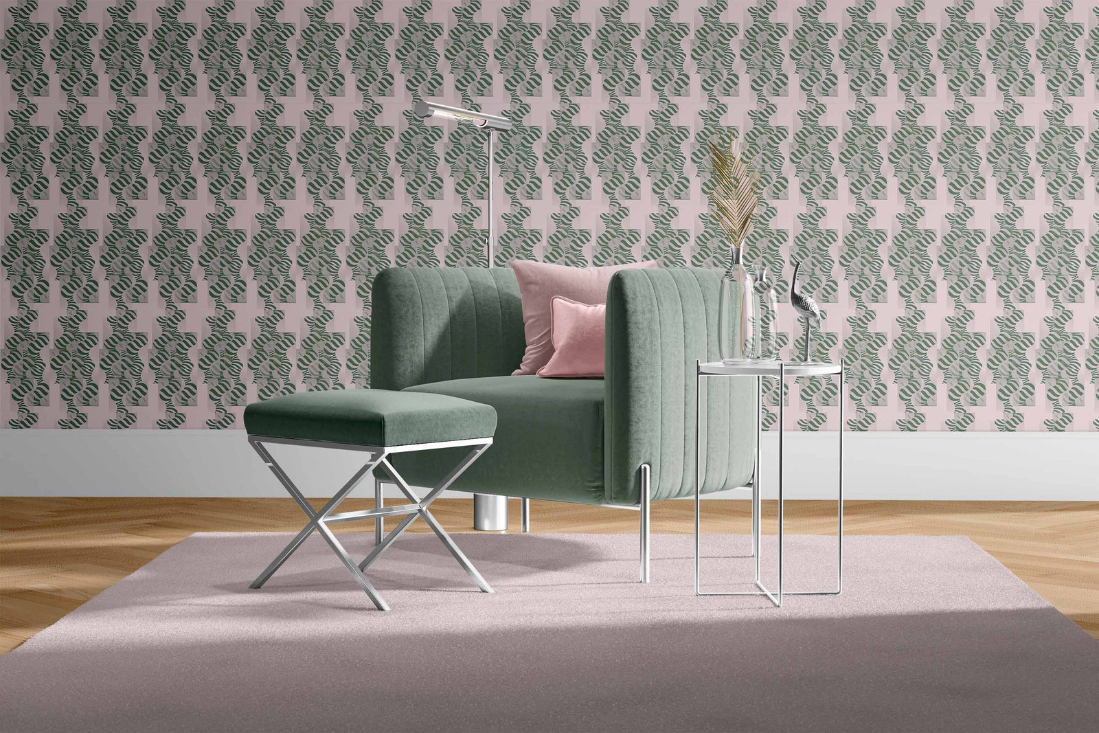 blush-green_Abstract geometric pattern featuring layered circles and wavy stripe motifs in soft blush and green tones, arranged in a grid-like composition with a modern, airy feel on a light background in a room with a green chair.