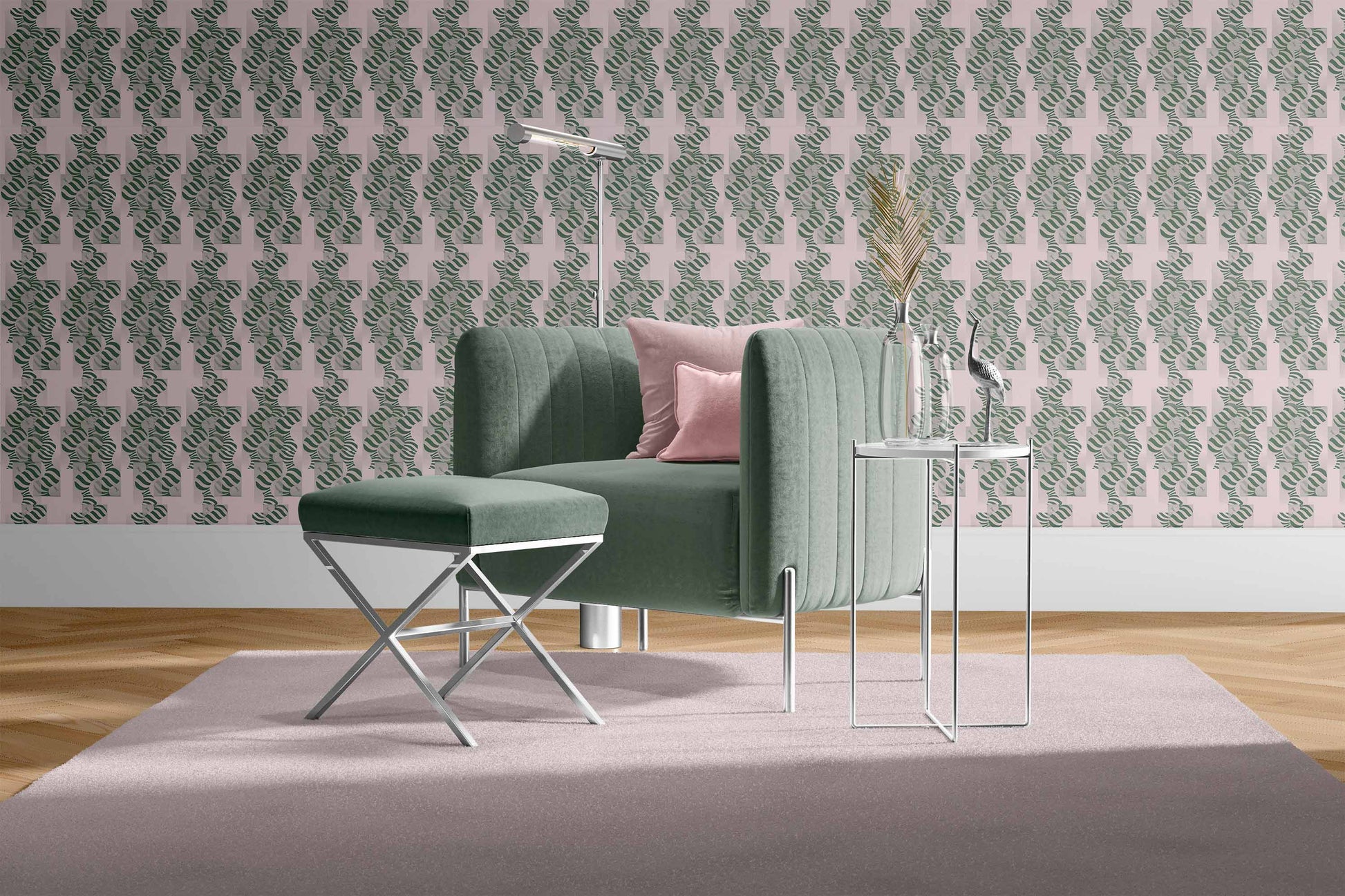 blush-green_Abstract geometric pattern featuring layered circles and wavy stripe motifs in soft blush and green tones, arranged in a grid-like composition with a modern, airy feel on a light background in a room with a green chair.