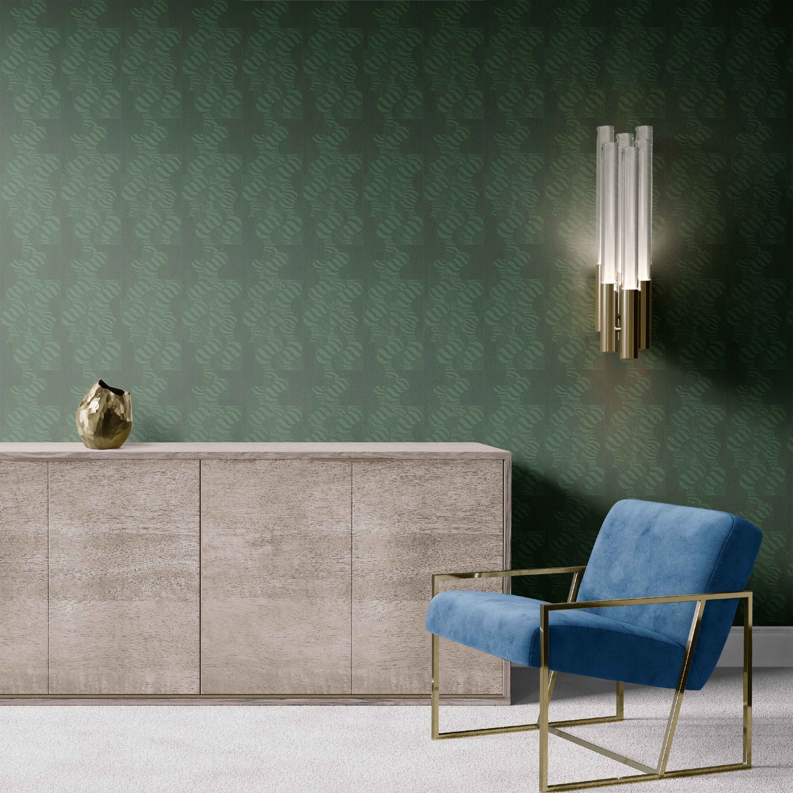dark-green_Abstract geometric pattern featuring layered circles and wavy stripe motifs in light green tones, arranged in a grid-like composition with a modern, airy feel on a dark green background in a room with a blue chair.