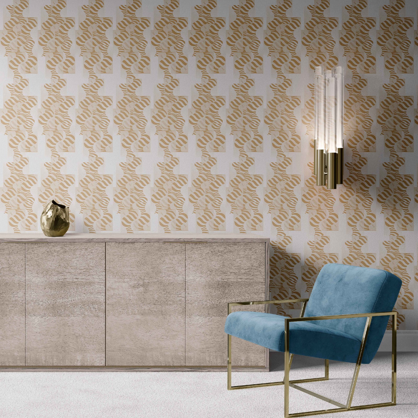 neutral_Abstract geometric pattern featuring layered circles and wavy stripe motifs in neutral tones, arranged in a grid-like composition with a modern, airy feel on a light background in a room with a blue chair.