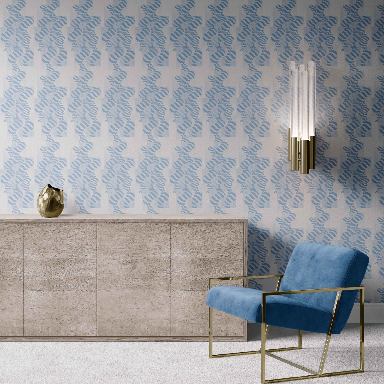 white-blue_Abstract geometric pattern featuring layered circles and wavy stripe motifs in soft blue tones, arranged in a grid-like composition with a modern, airy feel on a light background in a room with a blue chair.