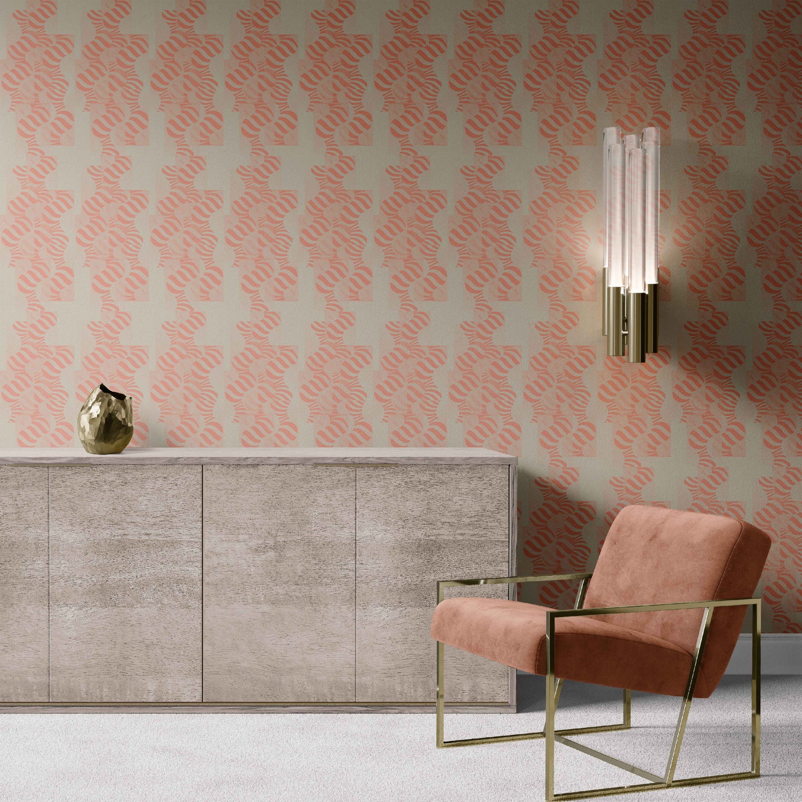 tan-rust_Abstract geometric pattern featuring layered circles and wavy stripe motifs in soft tan and rust tones, arranged in a grid-like composition with a modern, airy feel on a light background in a room with an orange chair.
