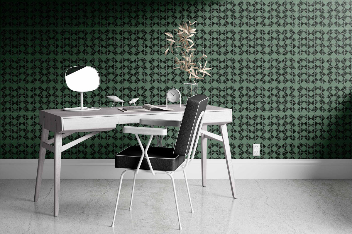 black-green_A wallpaper with a traditional geometric pattern in a black and green color in a room with a desk.