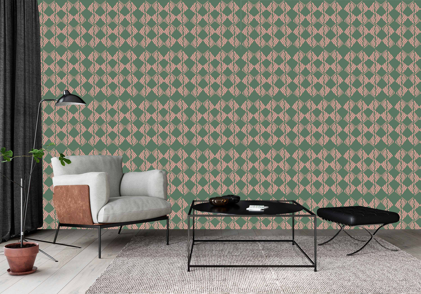 blush-green_A wallpaper with a traditional geometric pattern in a blush and green color in a living room.