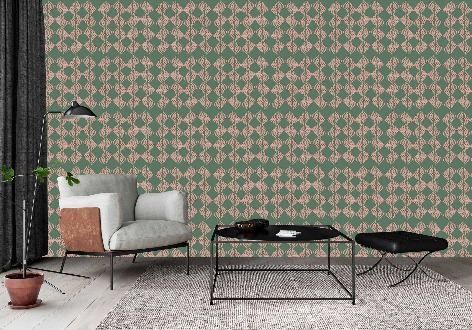 blush-green_A wallpaper with a traditional geometric pattern in a blush and green color in a living room.