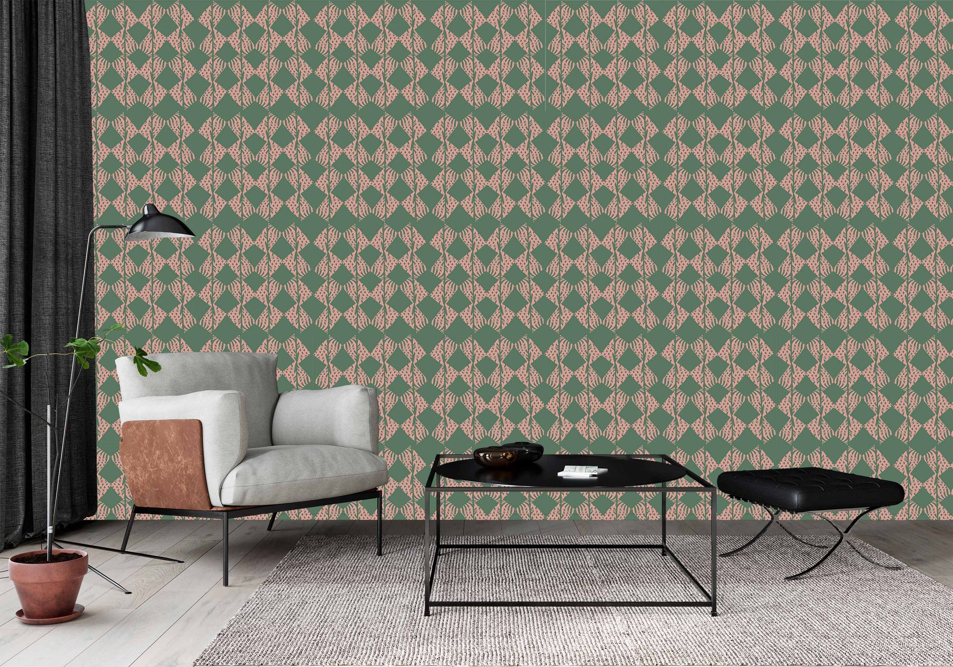 blush-green_A wallpaper with a traditional geometric pattern in a blush and green color in a living room.