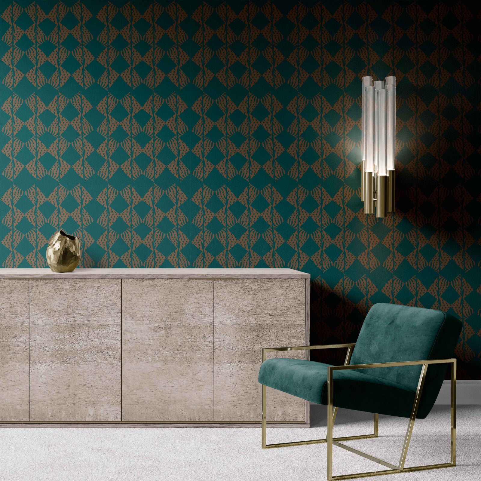 brown-teal_A wallpaper with a traditional geometric pattern in a brown and teal color in a room with a teal chair.