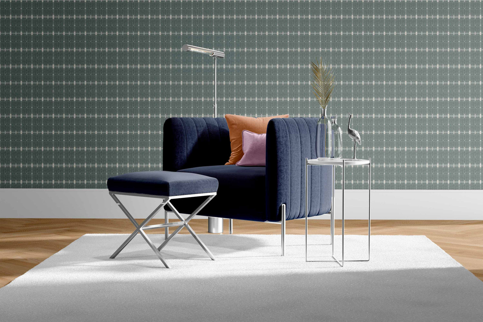 alabaster-slate-blue_Subtle textured pattern featuring a slate blue and off white with a woven, linen-like effect and faint linear accents, creating a quiet, tonal design with a refined, organic feel in a room with a navy chair.