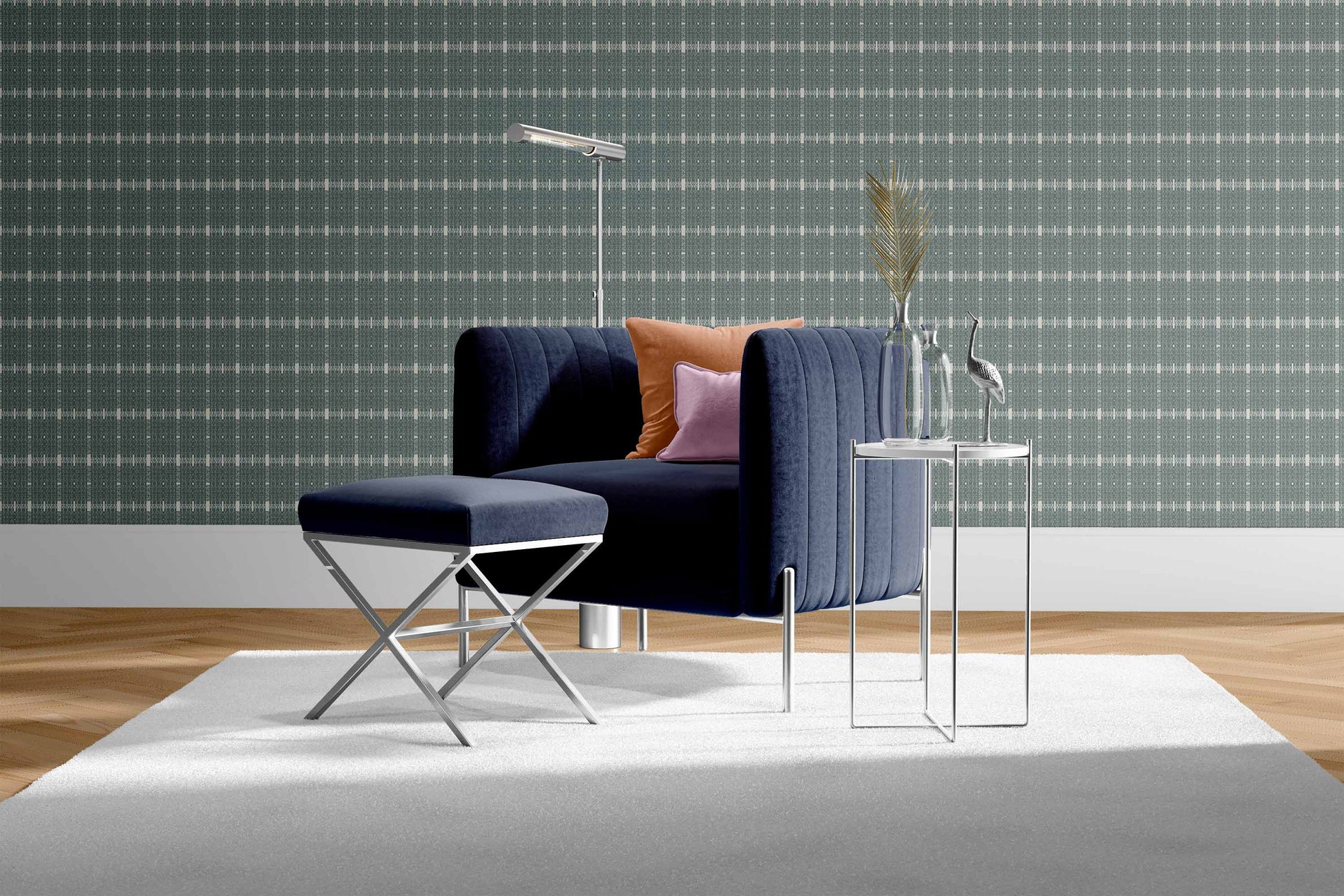 alabaster-slate-blue_Subtle textured pattern featuring a slate blue and off white with a woven, linen-like effect and faint linear accents, creating a quiet, tonal design with a refined, organic feel in a room with a navy chair.