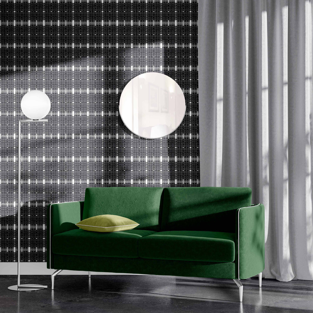 white-black_Subtle textured pattern featuring a white and black with a woven, linen-like effect and faint linear accents, creating a quiet, tonal design with a refined, organic feel in a room with a green couch.